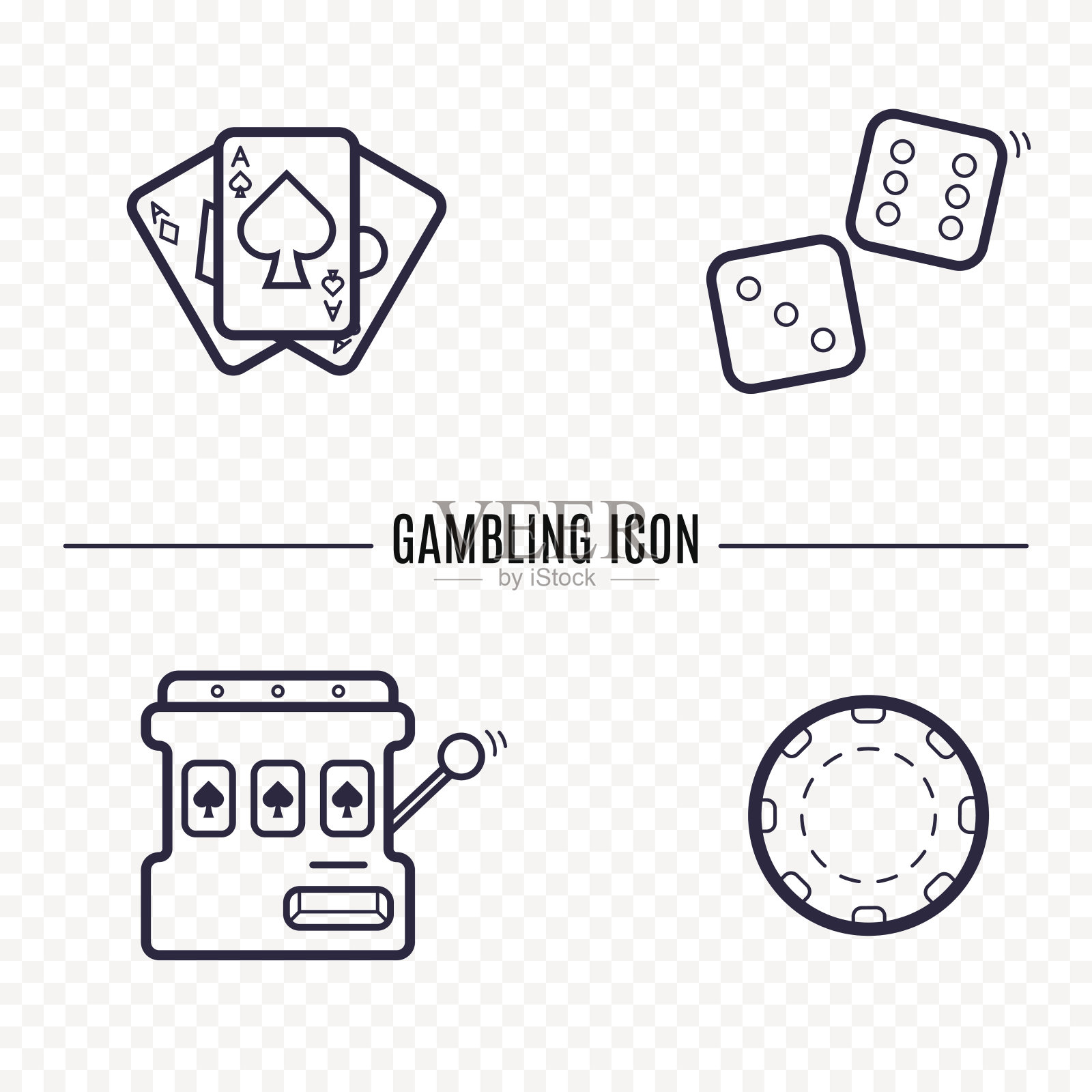 赌博简单的线条图标。卡片，骰子，赌场芯片，老虎机薄线性标志。概述赌场游戏的简单概念为网站，信息图表，移动应用程序。插画图片素材