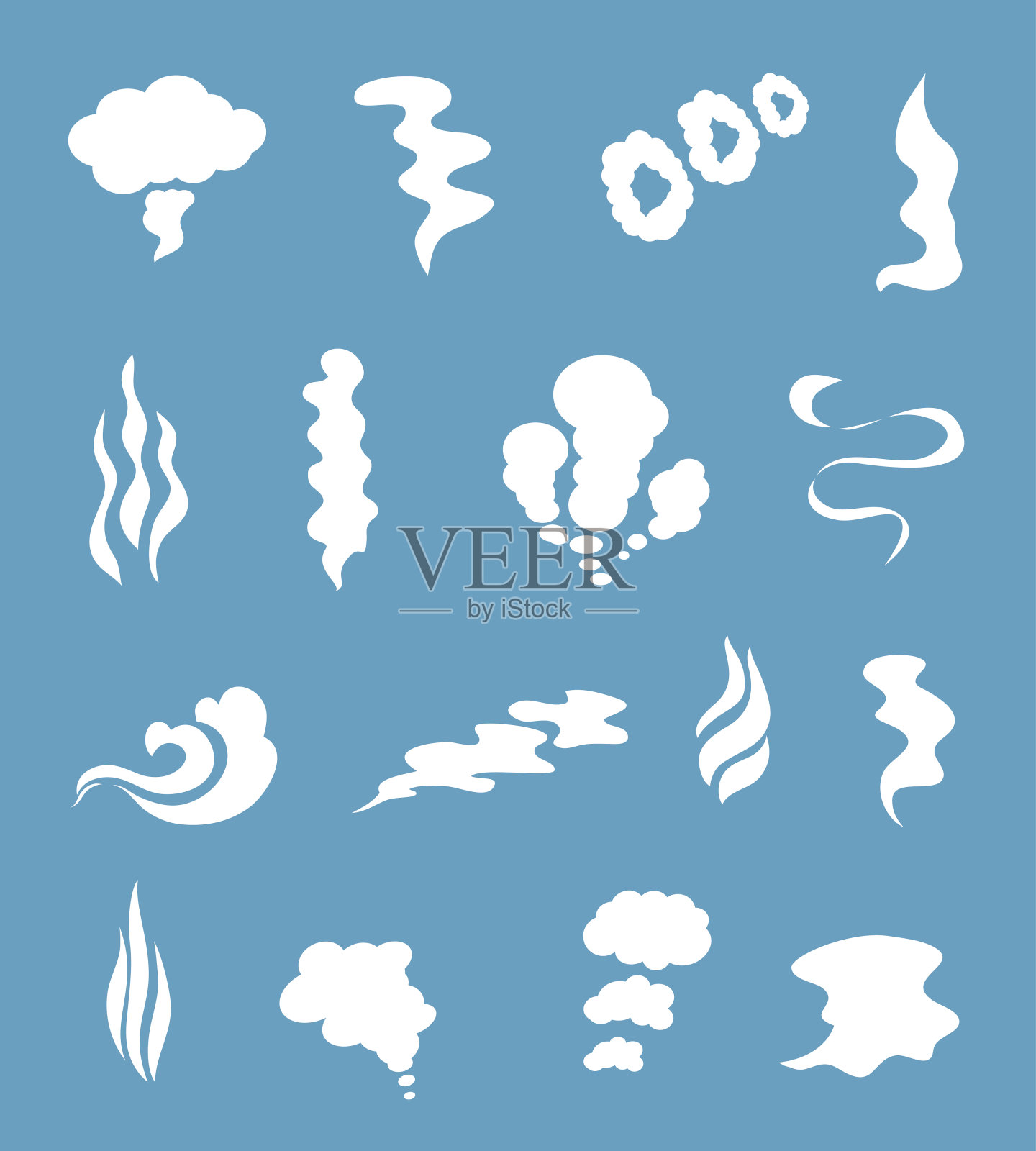 烟雾和蒸汽剪影图标。烟云从烟囱或火，香烟烟斗的载体标志设计元素图片