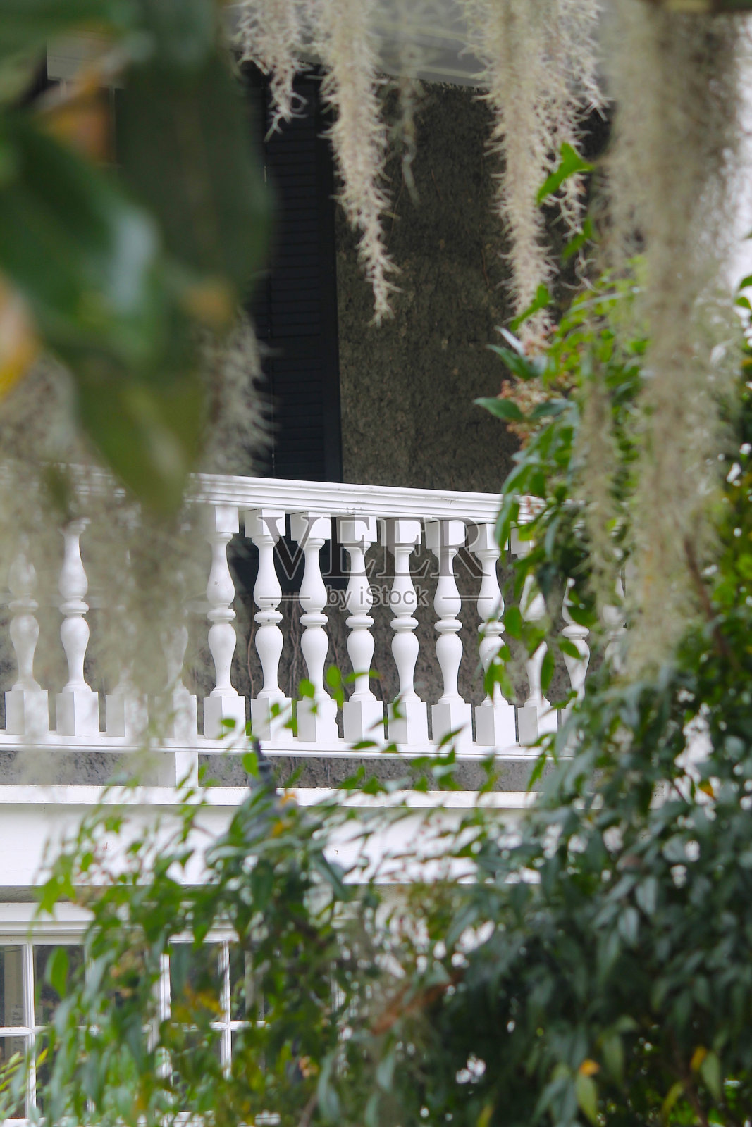 白色阳台与西班牙苔藓照片摄影图片