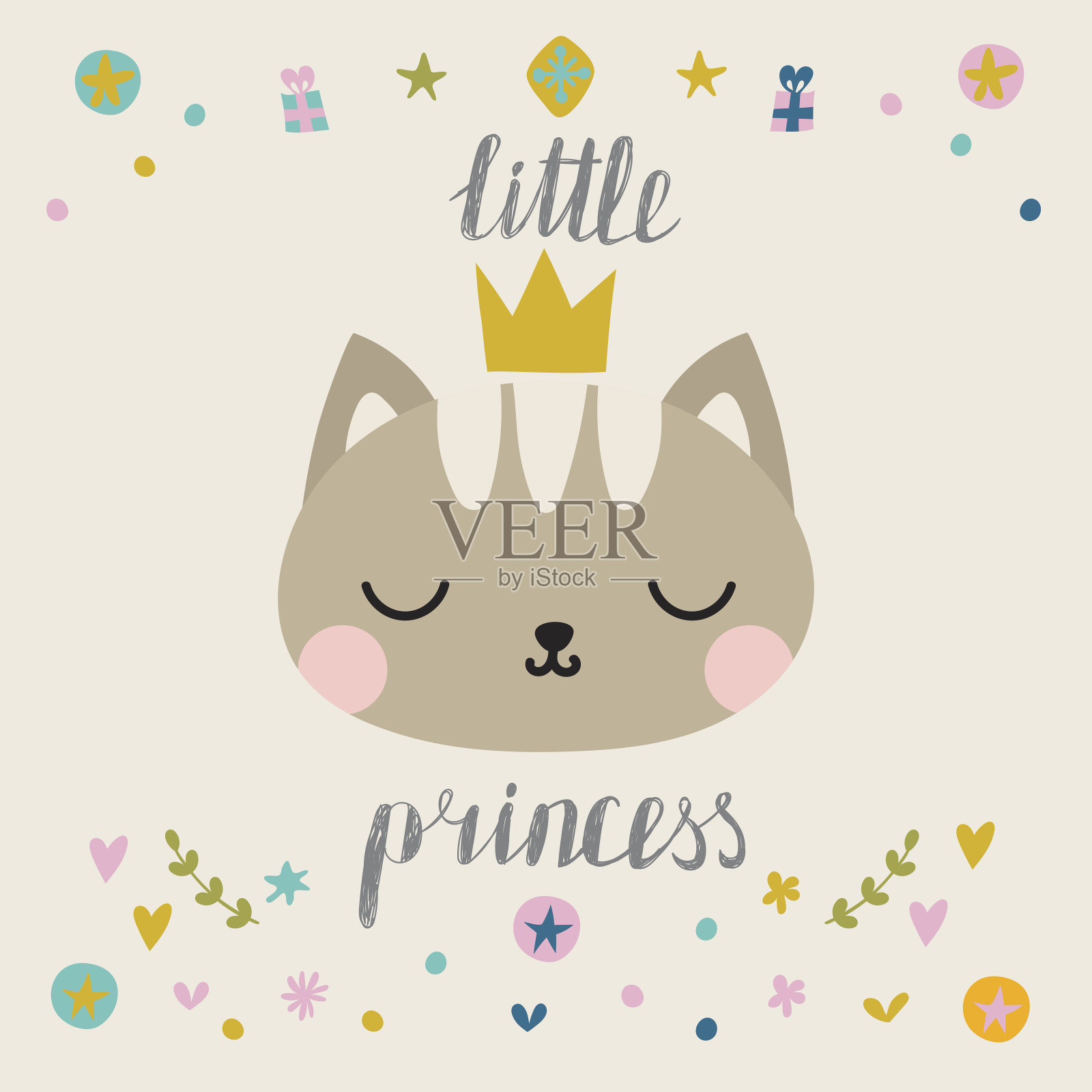 小公主。戴着皇冠的可爱小猫。时尚猫咪。幼稚的明信片插画图片素材