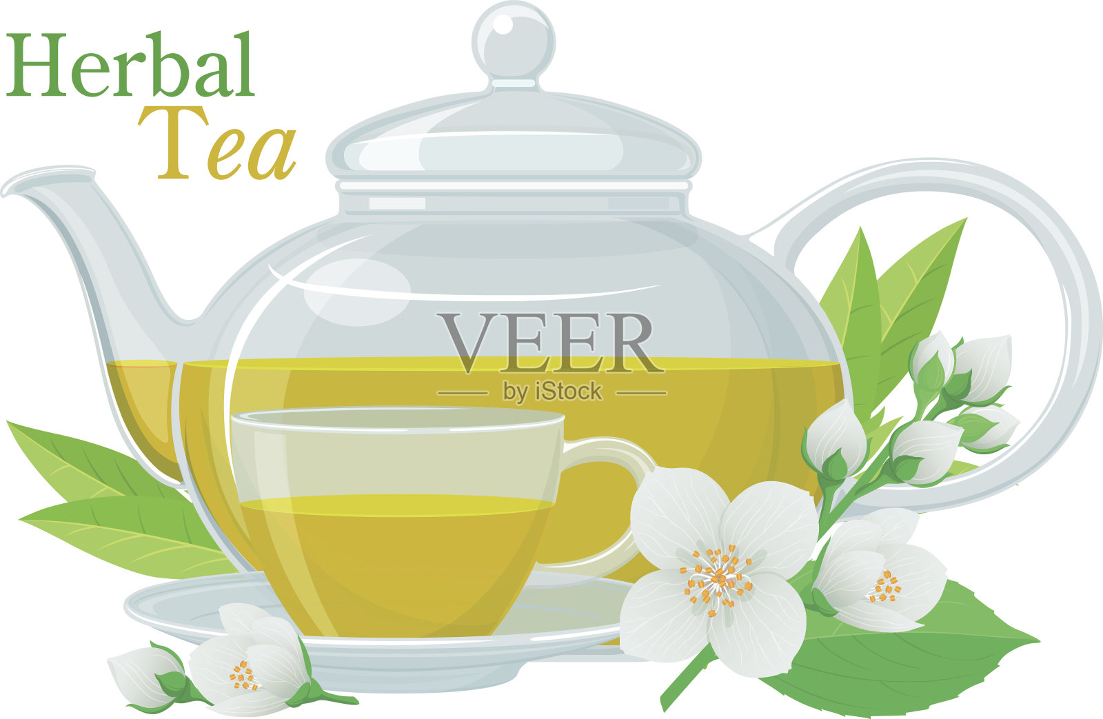 一套装有花草茶、茶杯和茶碟、茉莉花叶的玻璃茶壶。插画图片素材