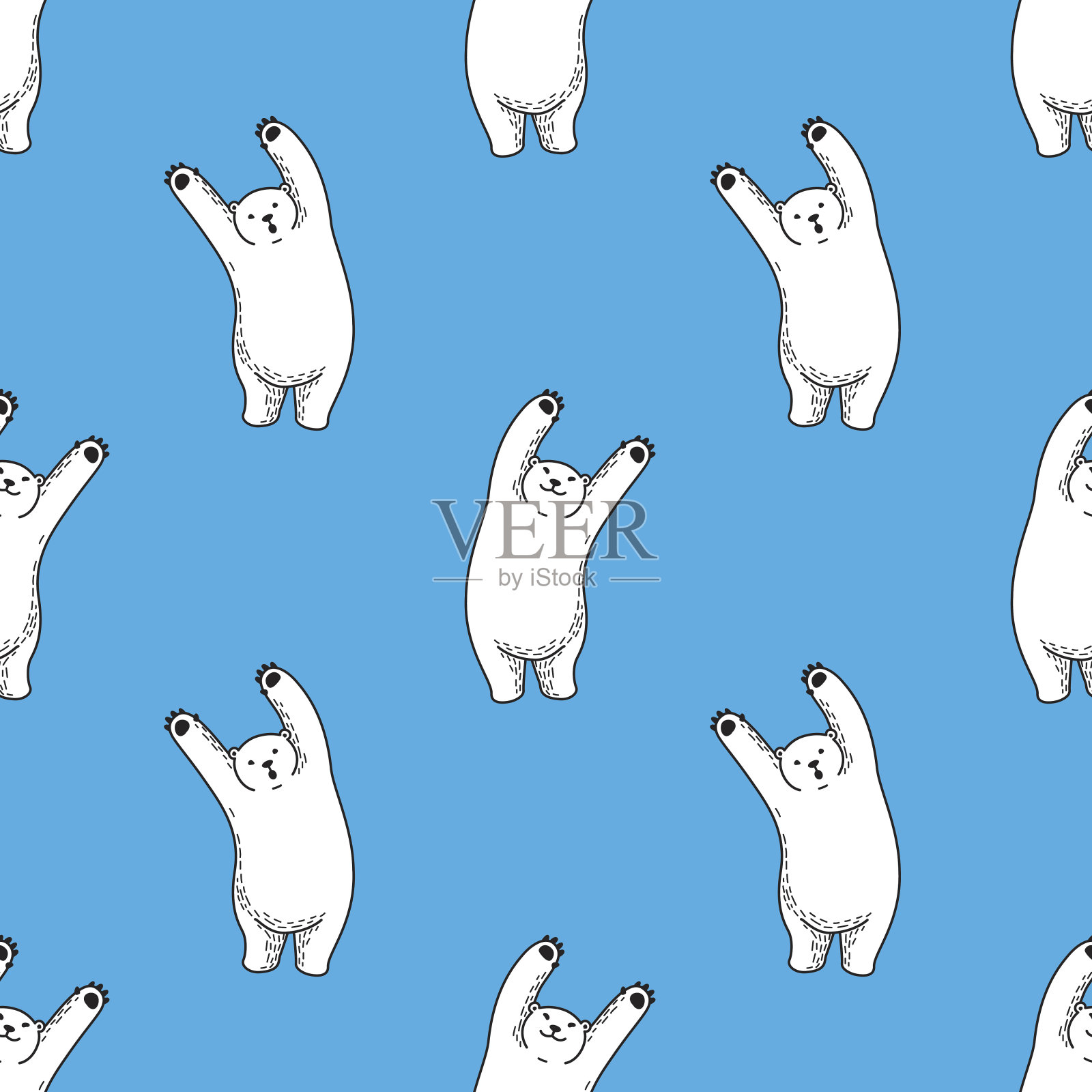 北极熊手牵手蓝色无缝图案插画图片素材