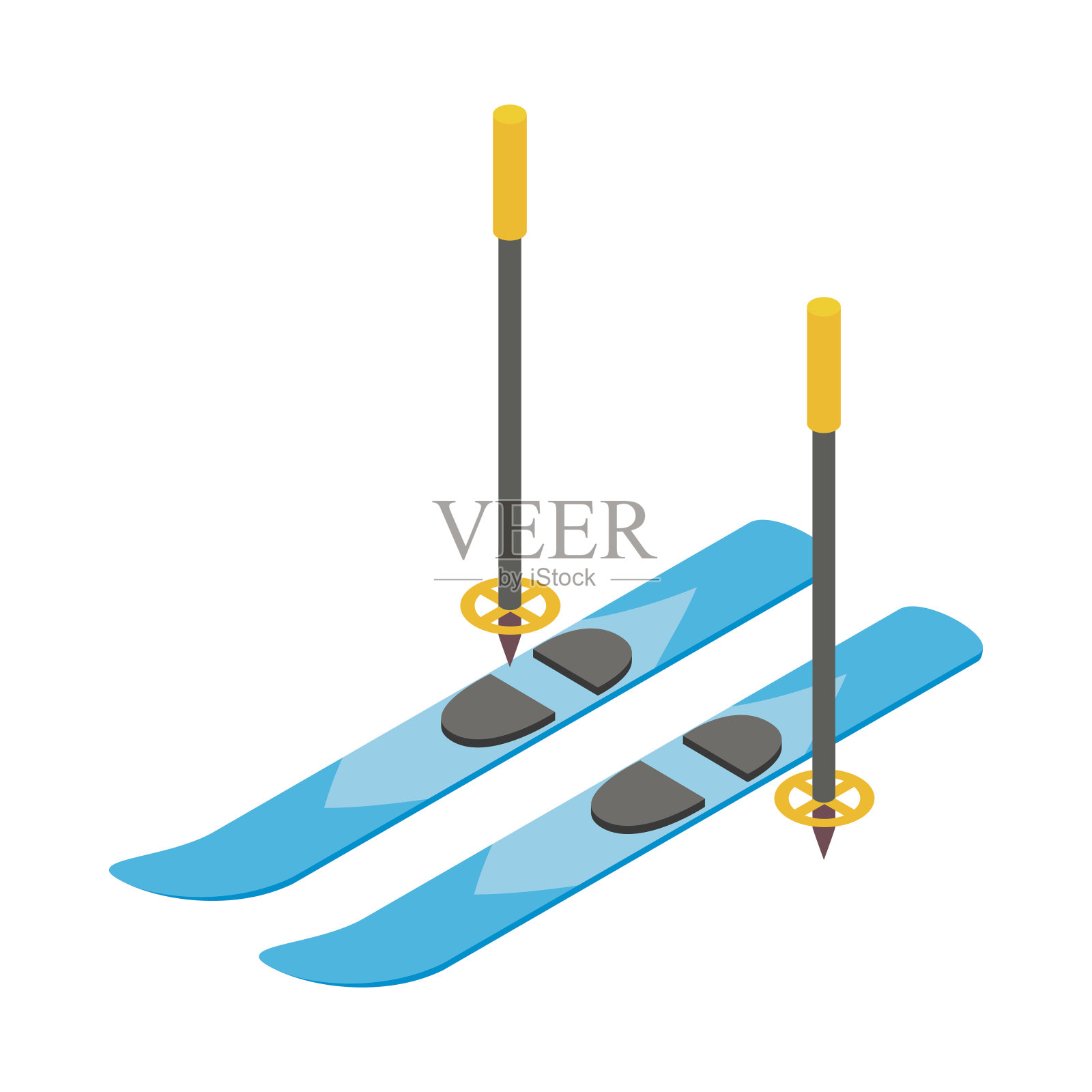 蓝色滑雪板和滑雪杆图标，等距3d风格插画图片素材