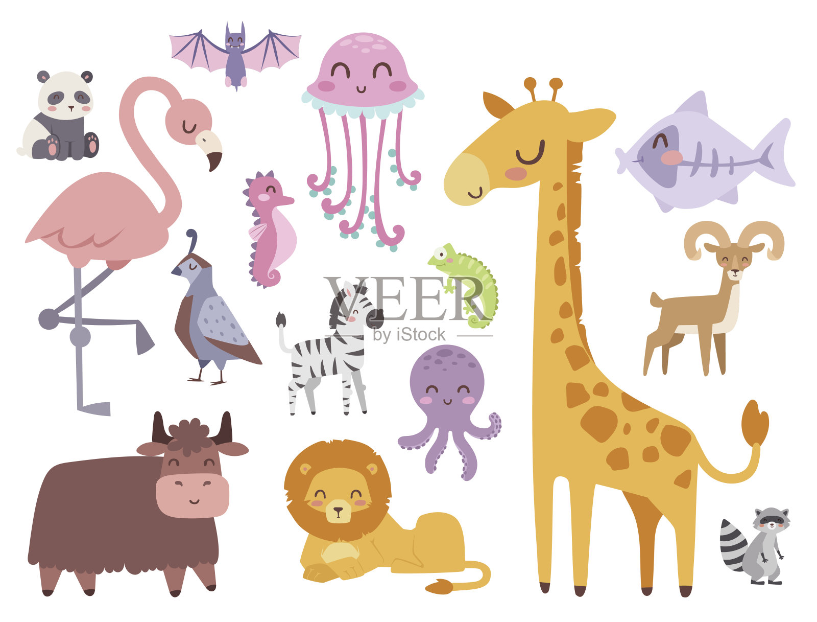 可爱的动物园卡通动物孤立有趣的野生动物学习可爱的语言和热带自然狩猎哺乳动物丛林高大的字符矢量插图插画图片素材