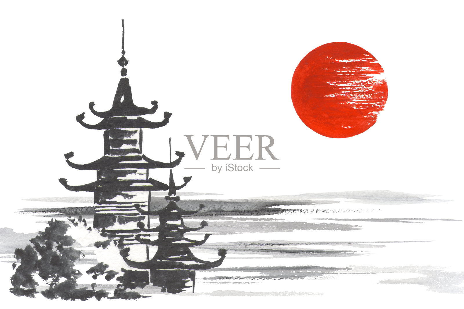 日本传统绘画Sumi-e艺术寺庙太阳湖插画图片素材