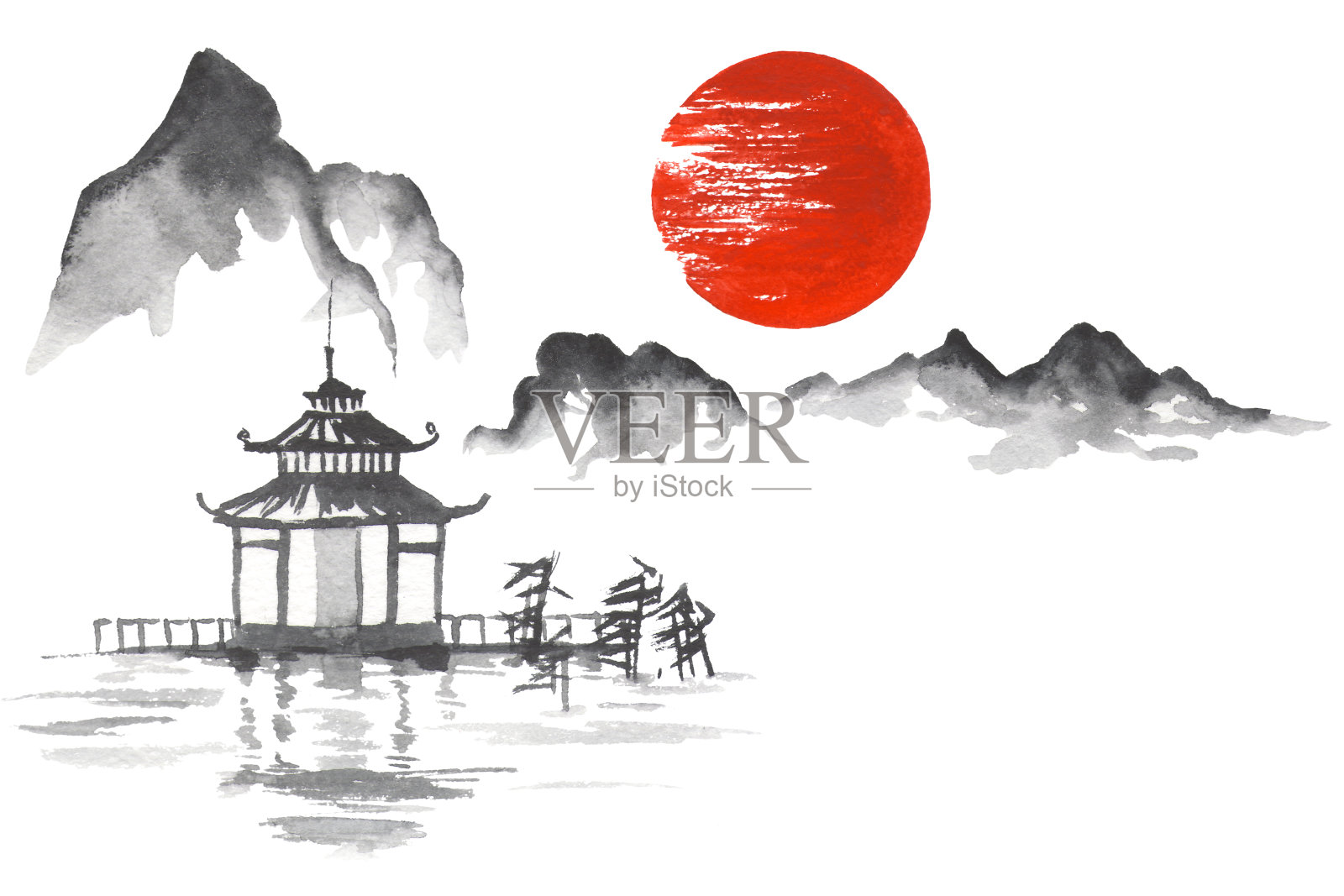 日本传统绘画Sumi-e艺术太阳山寺庙插画图片素材