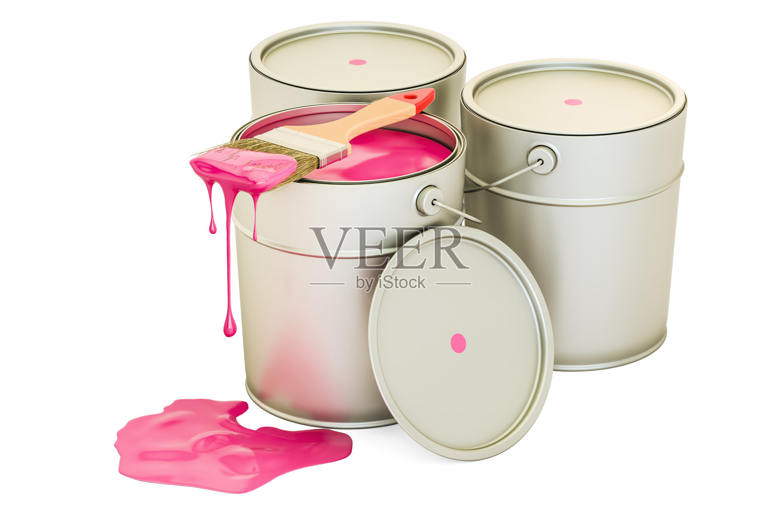 罐与粉色油漆和刷子，3D渲染孤立的白色背景照片摄影图片