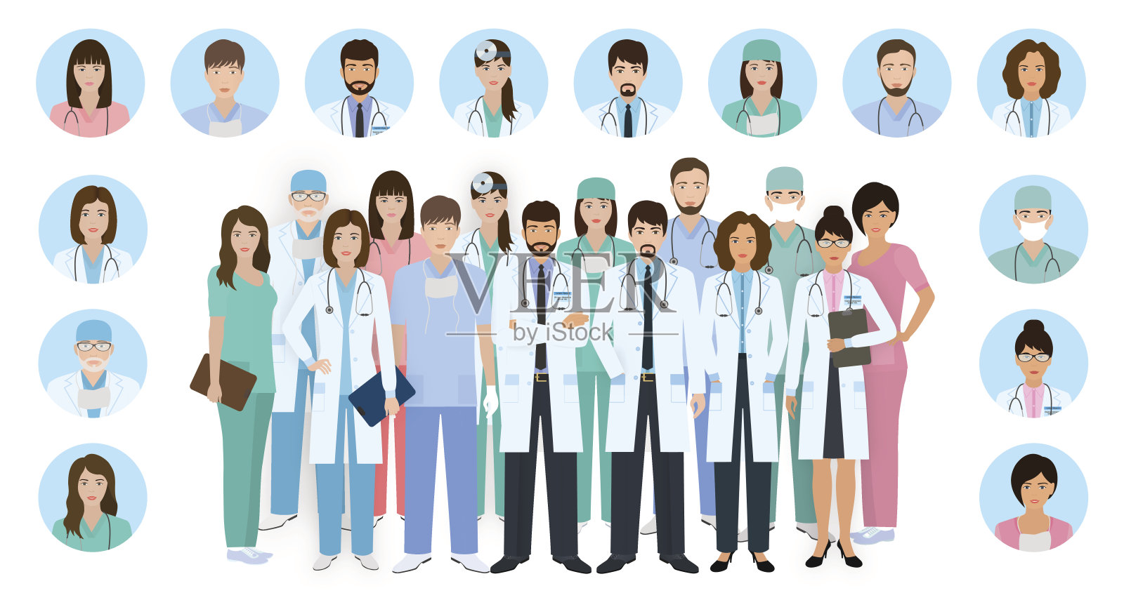 一组医生和护士字符在不同的姿态与矢量轮廓头像。医务人员。医院工作人员。设计元素图片