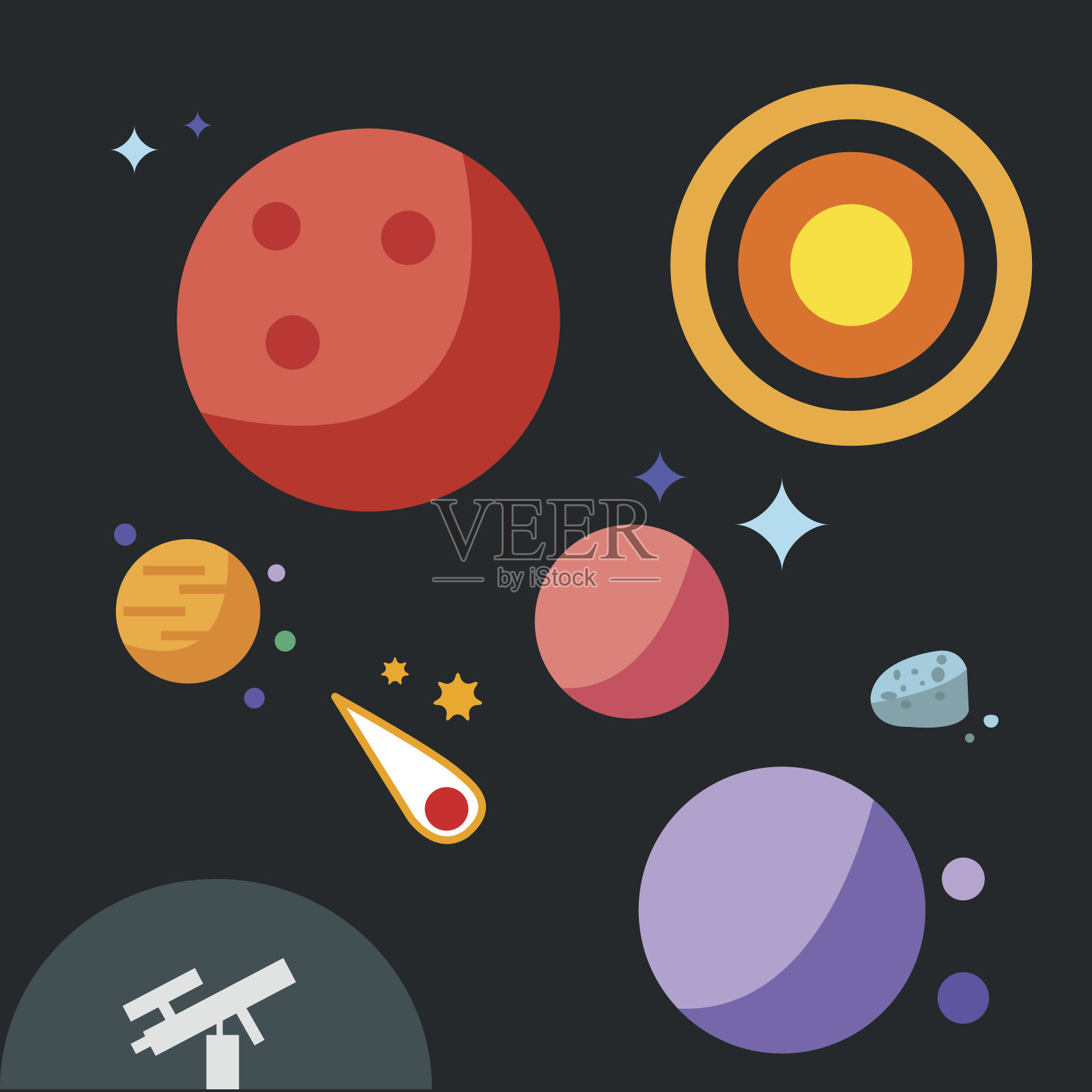 有太阳和恒星矢量的扁平行星插画图片素材
