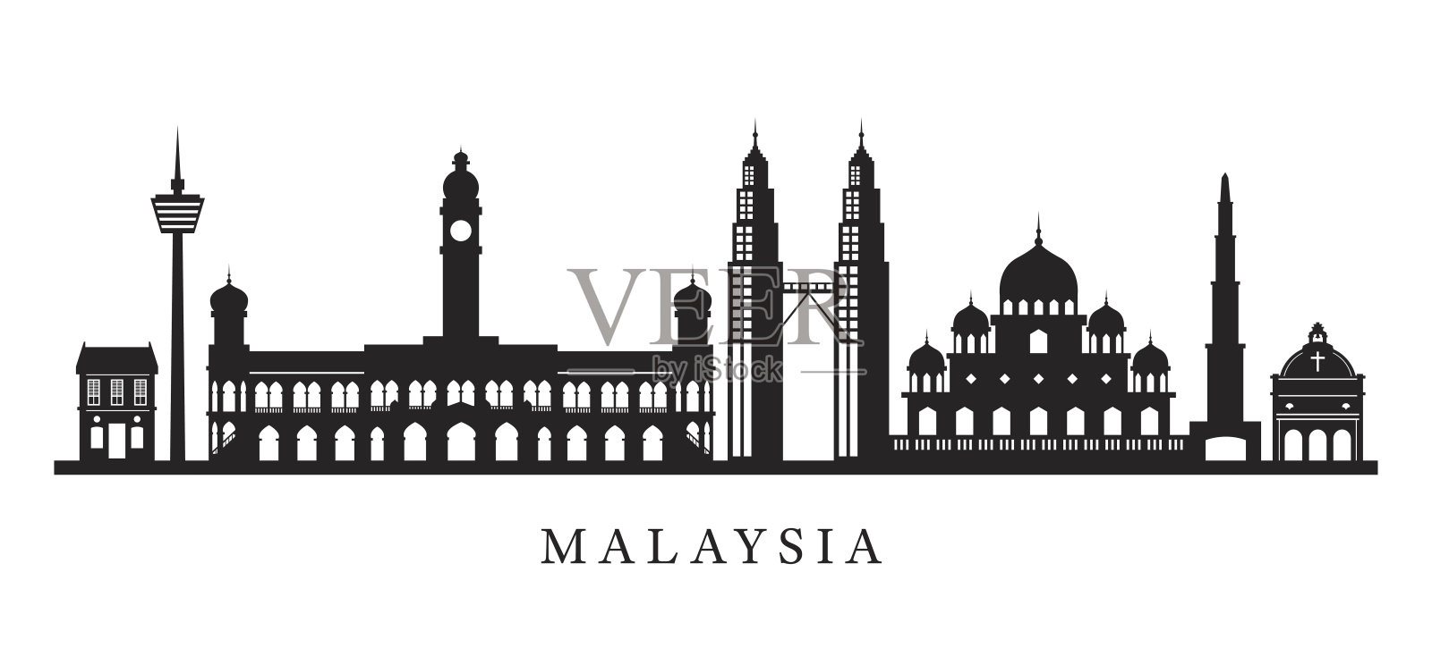 马来西亚地标天际线在黑白剪影插画图片素材