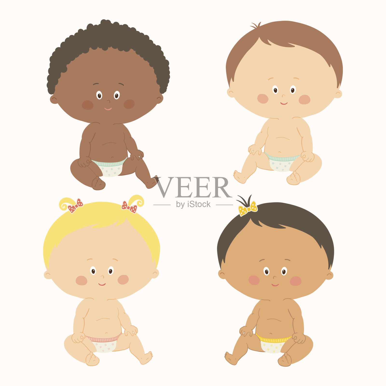 多民族的四个婴儿坐着。蹒跚学步的女孩和男孩。插画图片素材