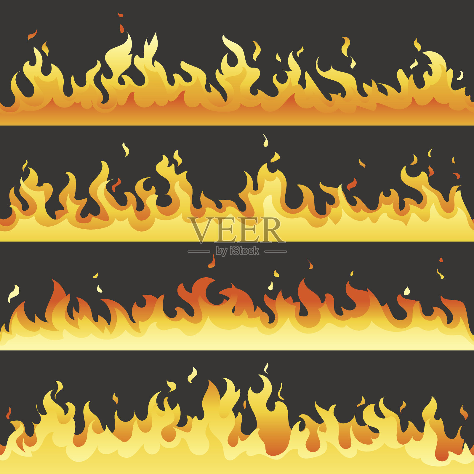 无缝热火火焰设置，危险火光采集隔离在白色背景上。矢量红色和黄色火焰插图设计元素图片