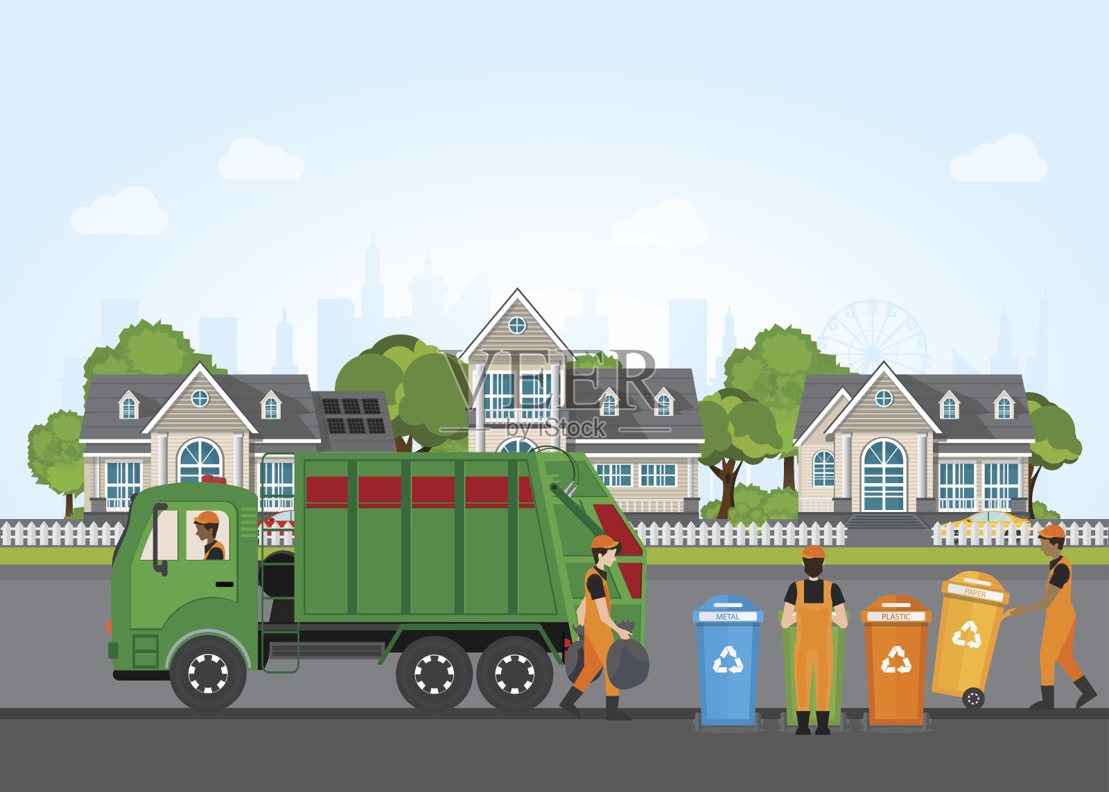 有垃圾车和垃圾收集车的城市垃圾回收理念。插画图片素材