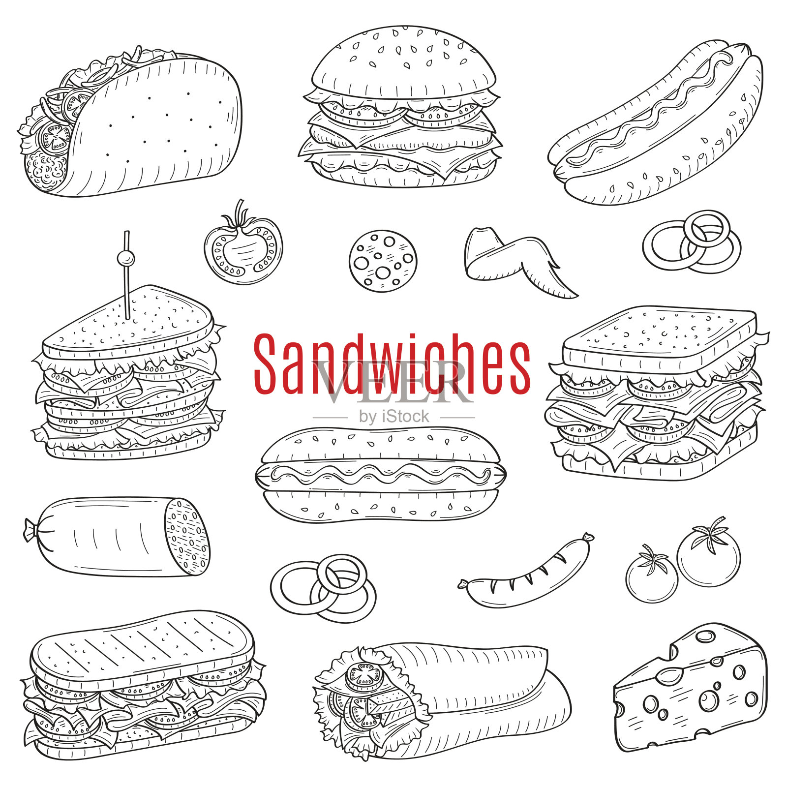三明治集，矢量素描插图插画图片素材