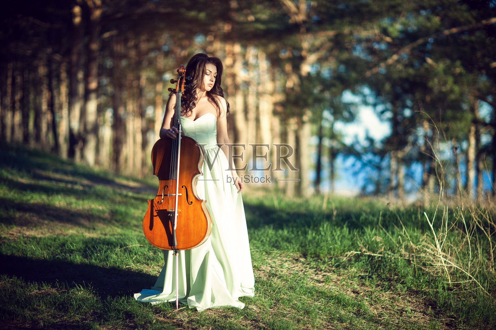 林子里拿着大提琴的女人照片摄影图片