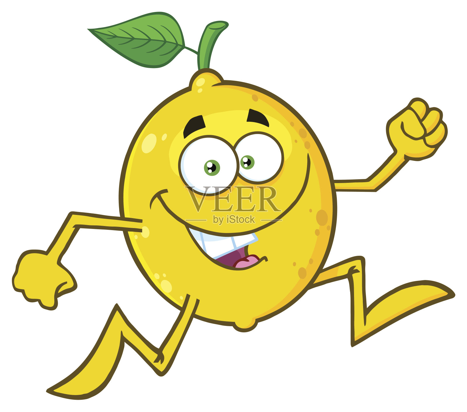 健康的黄色柠檬新鲜水果与绿叶卡通吉祥物人物奔跑。插画图片素材