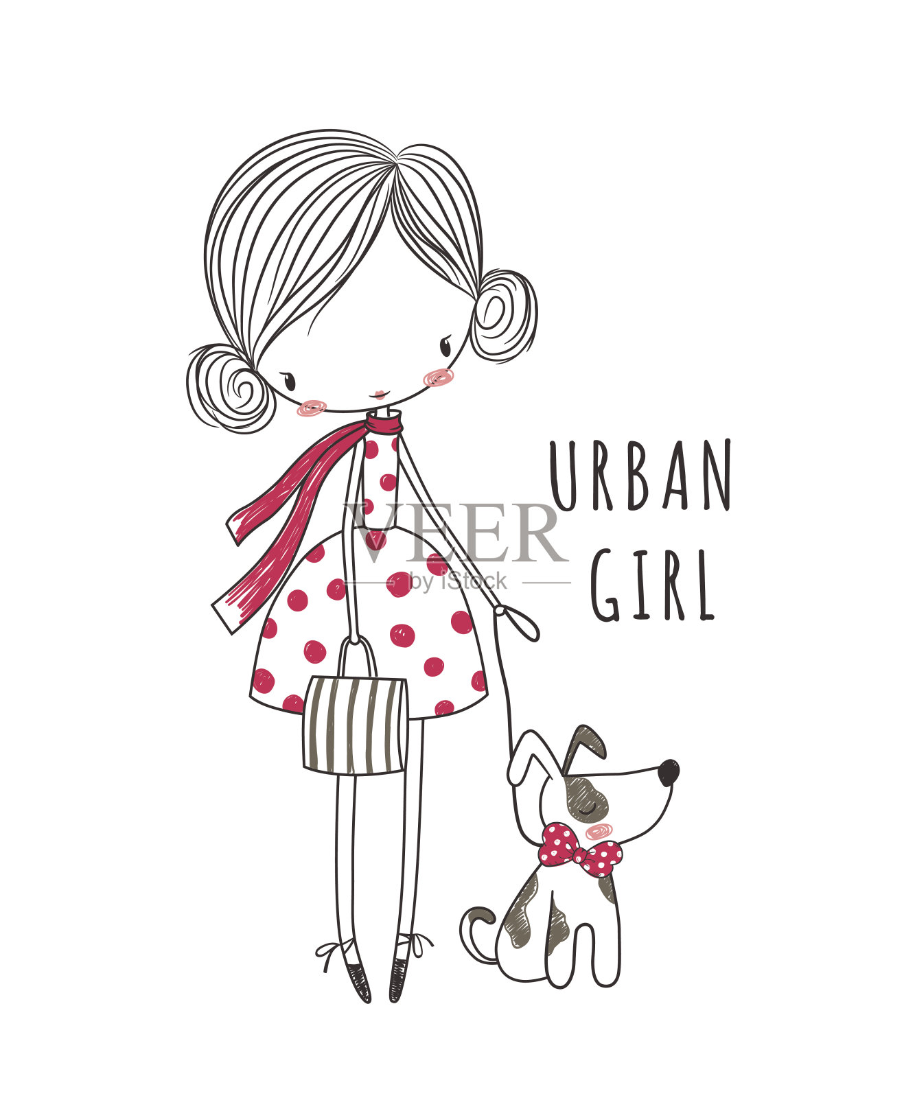 都市女孩和狗。服装时尚插画插画图片素材