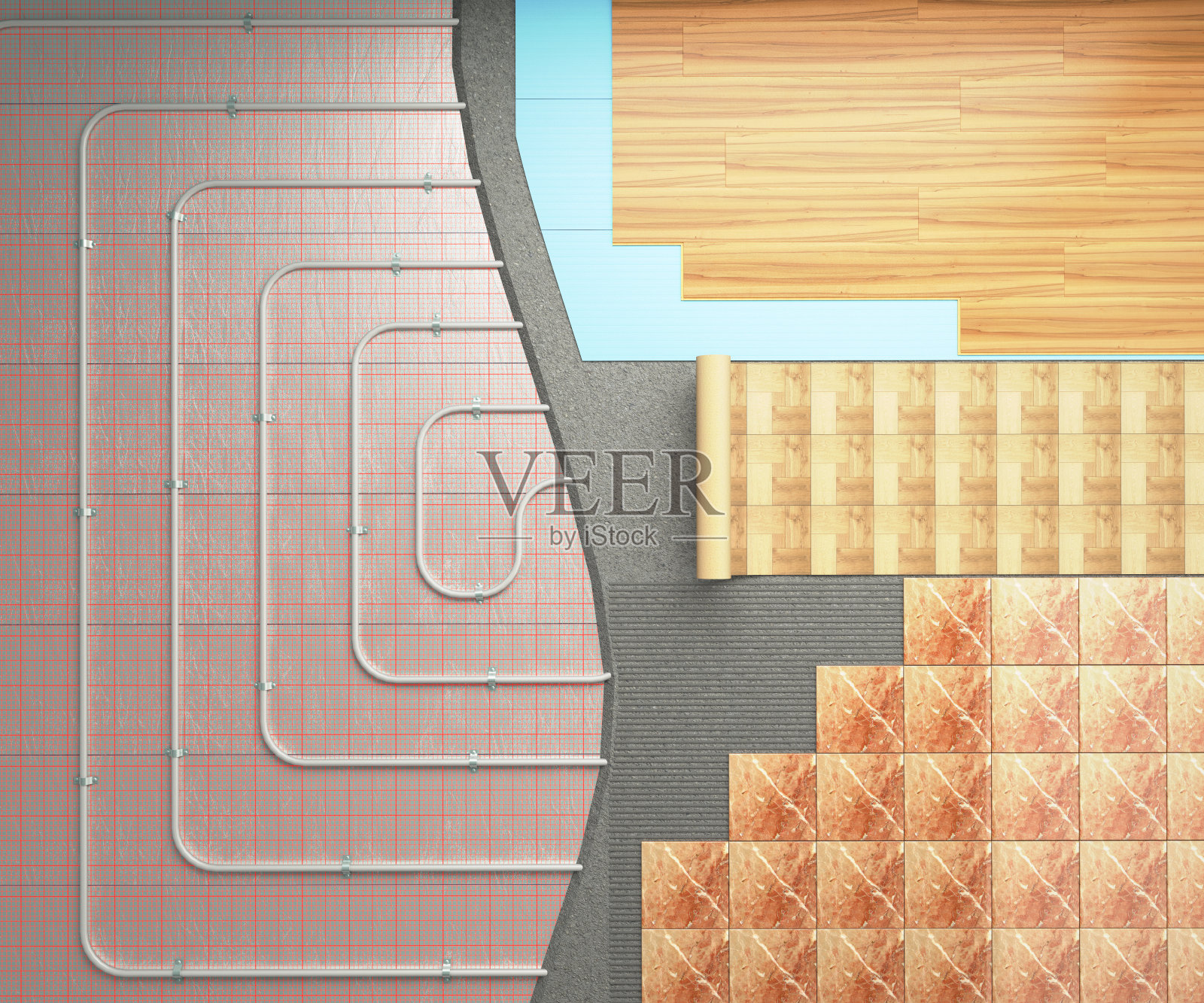 暖地板的概念采暖系统铺设在地板上，采用不同的装饰涂料3d渲染照片摄影图片