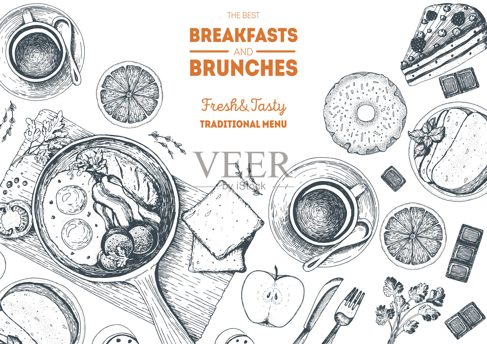早餐和早午餐俯视图框架。食品菜单设计。复古手绘草图矢量插图。插画图片素材