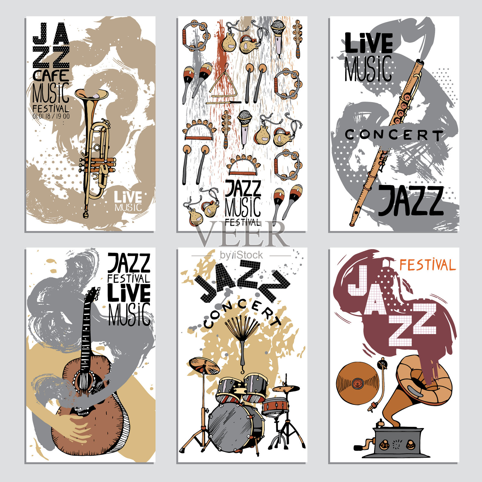 带有乐器的爵士音乐节海报。手绘插图与不同的墨水纹理。插画图片素材