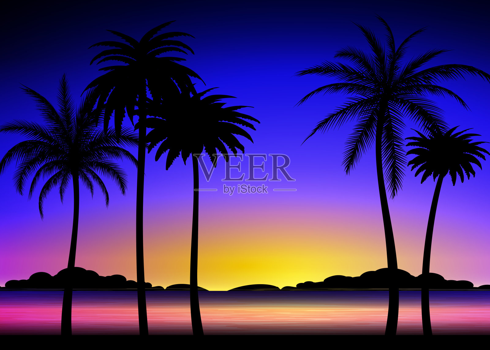 热带日落上棕榈树的剪影插画图片素材