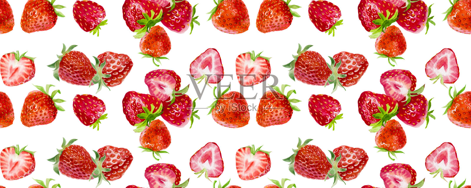 无缝背景草莓图案，植物插画水彩。插画图片素材