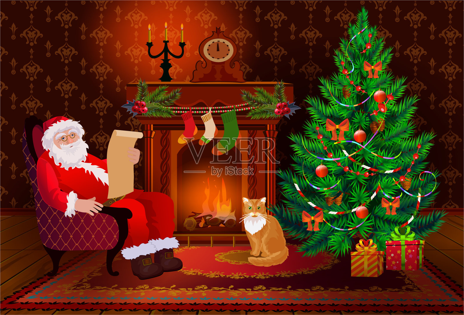 圣诞客厅内部有圣诞树和壁炉。圣诞老人和猫在一个舒适的家。圣诞老人阅读信件或愿望清单。插画图片素材