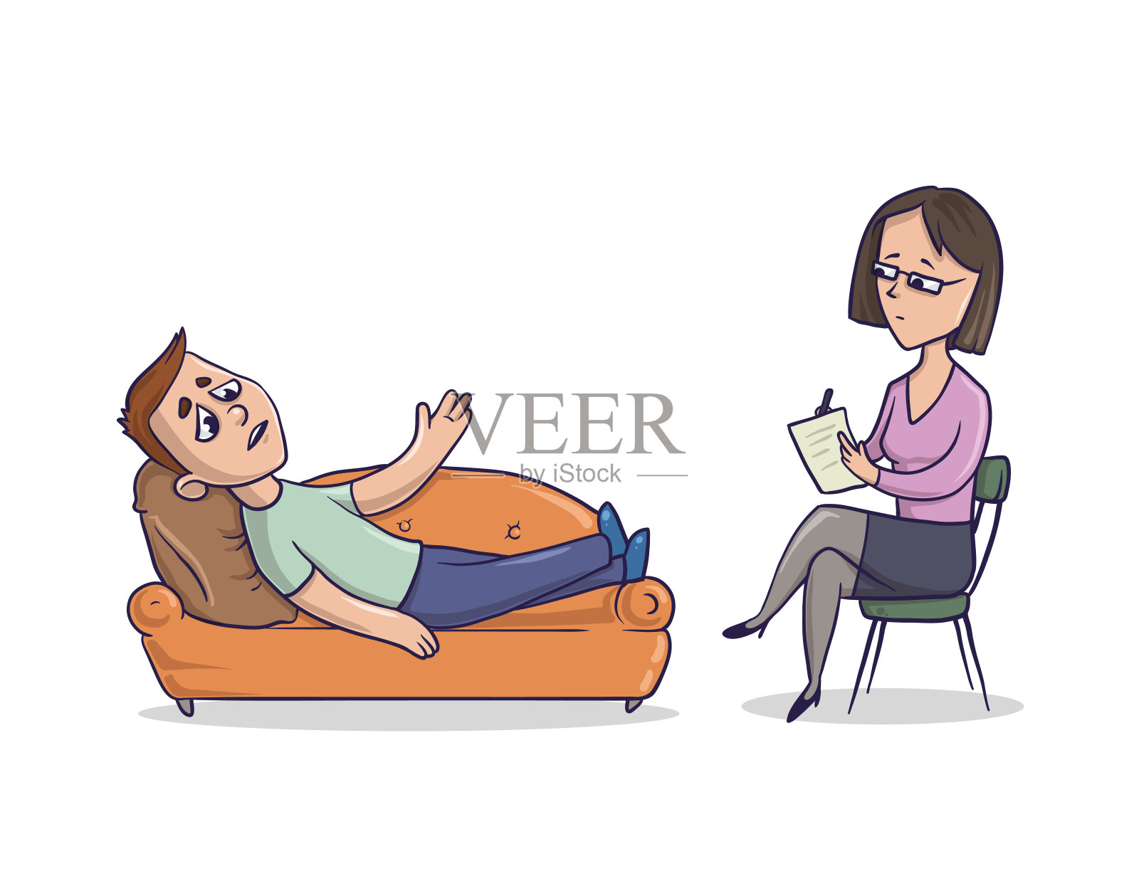 心理医生或心理治疗师接待的那个年轻人。一个男人躺在沙发上谈论问题。医生坐在椅子上做笔记。矢量插图,孤立。插画图片素材