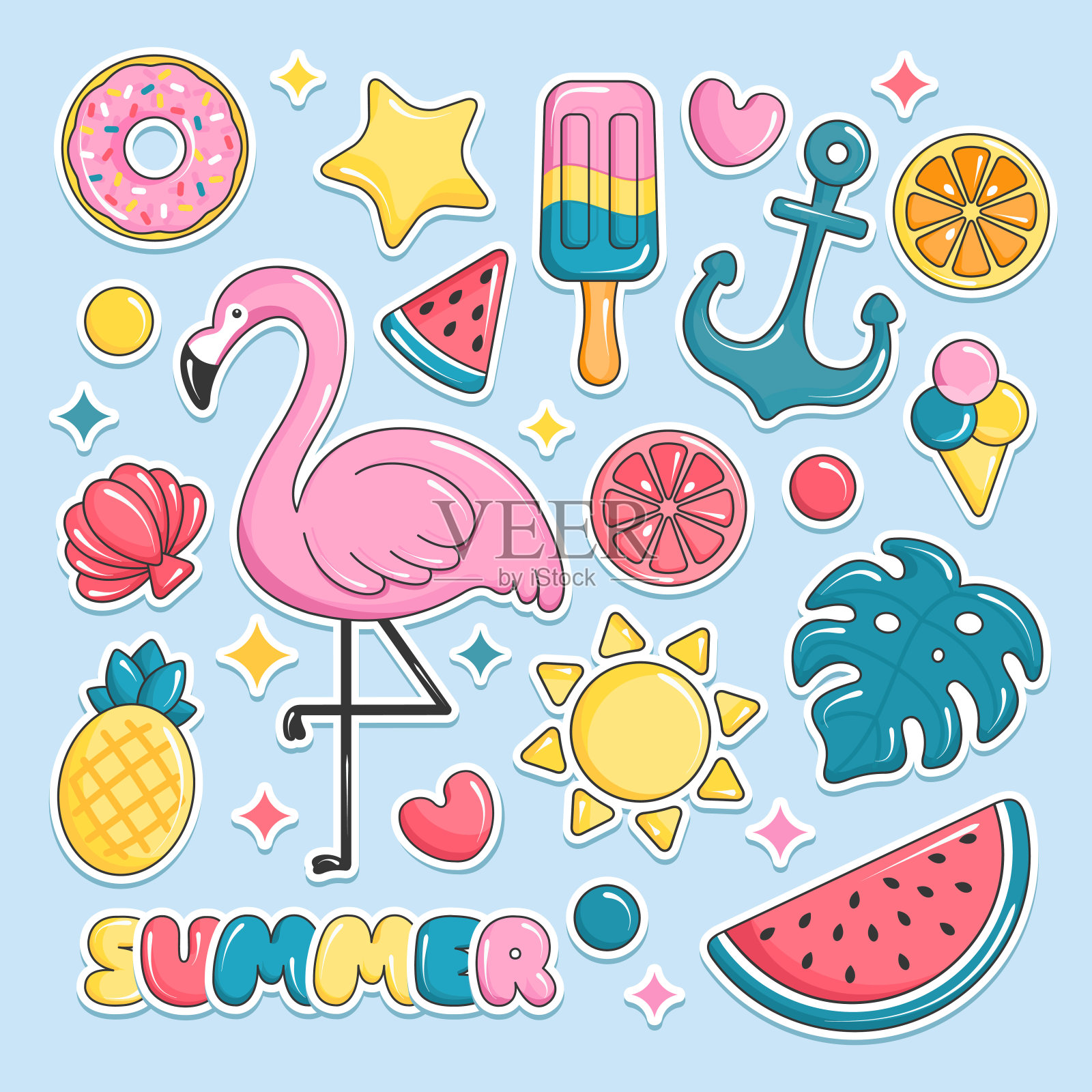 夏日海滩元素贴纸。火烈鸟、冰淇淋、西瓜、太阳、怪兽、菠萝。矢量图设计元素图片
