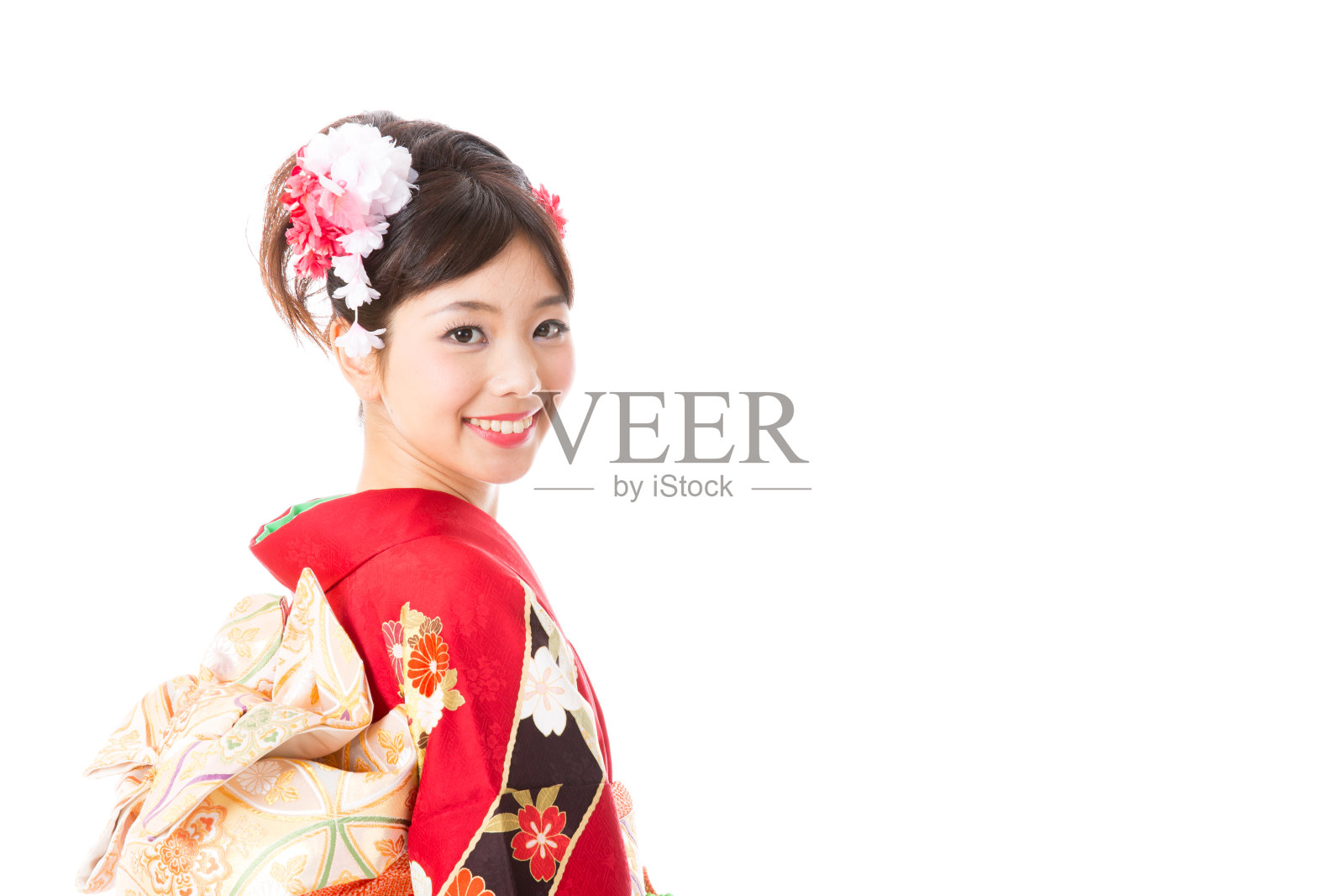 迷人的亚洲女人穿着furisode孤立在白色背景照片摄影图片