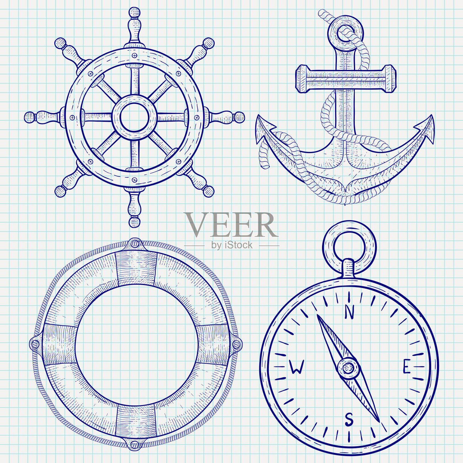 航海符号-方向盘，锚，救生圈设计元素图片