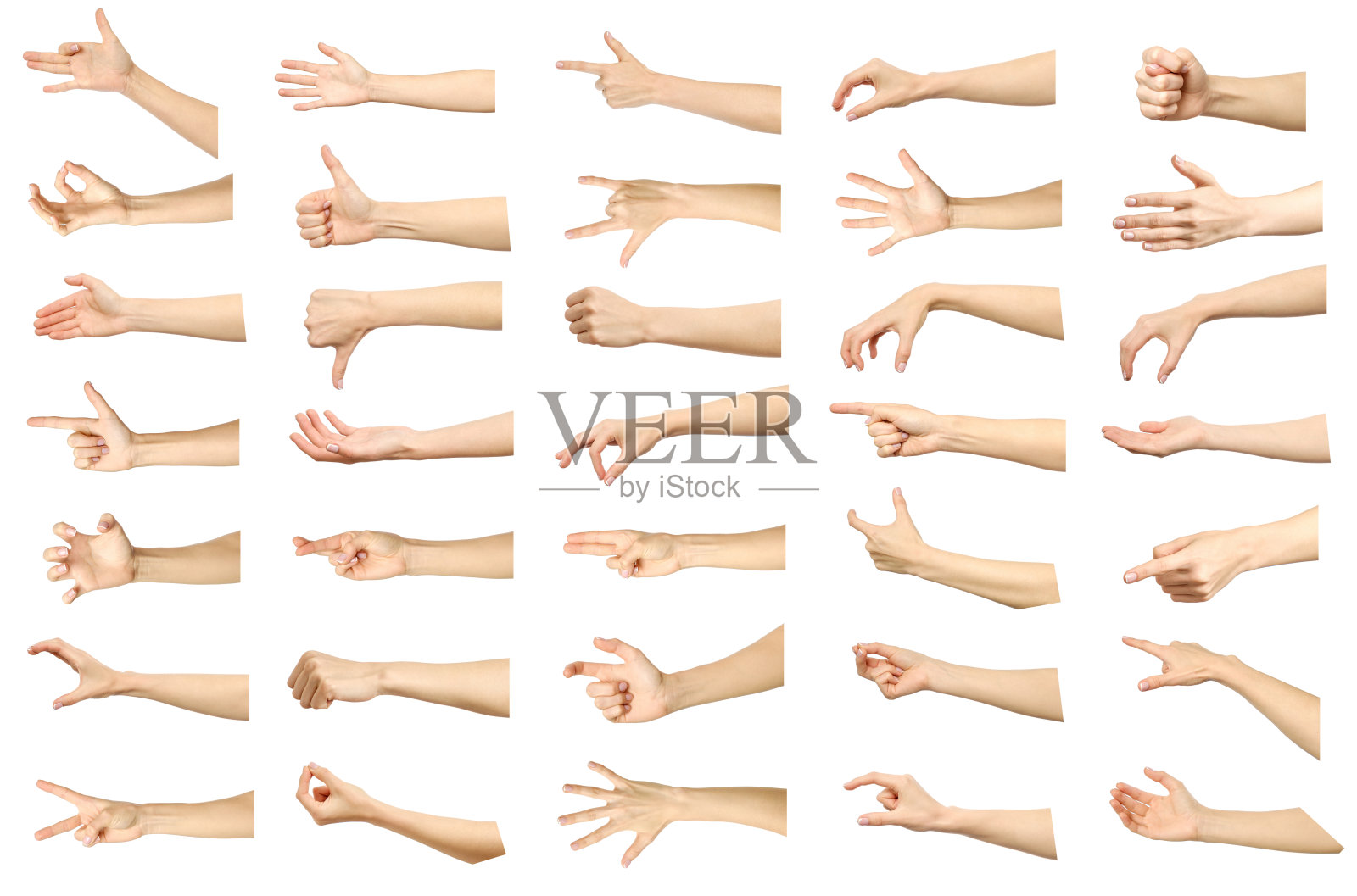 多个图像集的女性白人手势孤立的白色背景。系列的一部分照片摄影图片