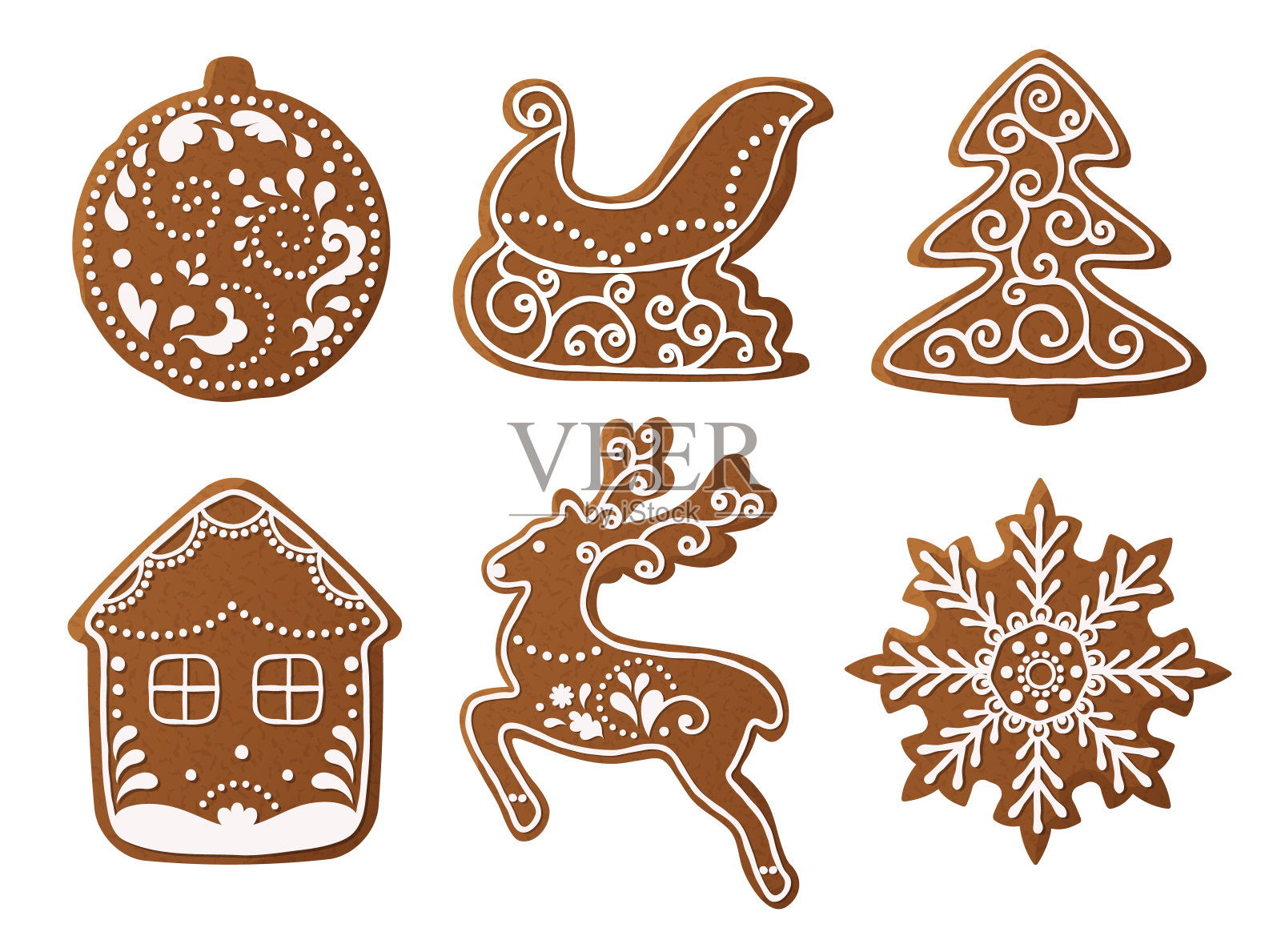 一套圣诞姜饼装饰饼干。圣诞树，雪花，礼物。冬天的假期。矢量插图EPS10。插画图片素材