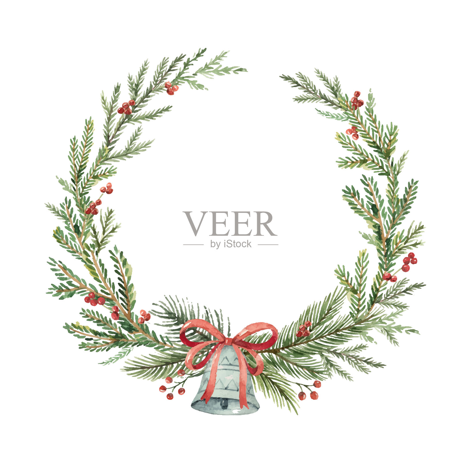 水彩矢量圣诞花环与铃铛和冷杉树枝。设计元素图片