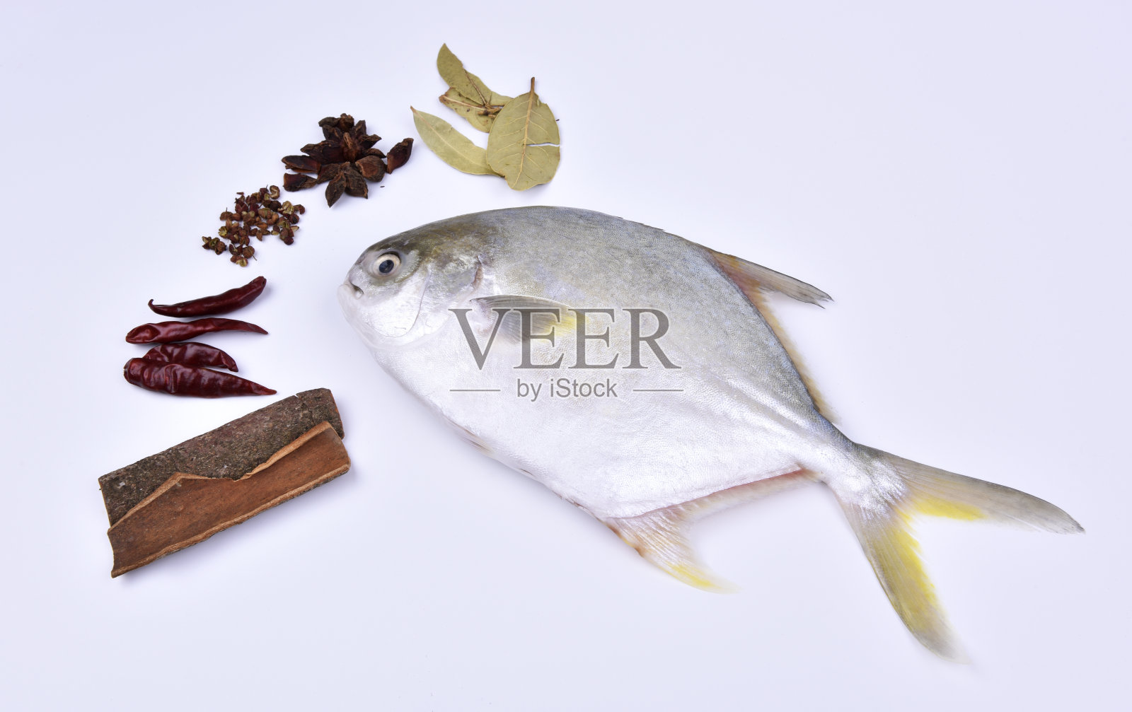 Fresh pompano and a variety of spices on white background.照片摄影图片