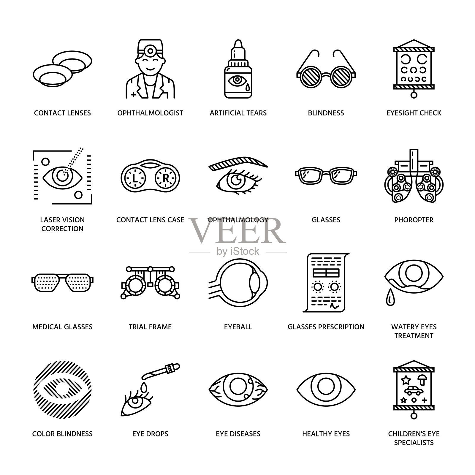 眼科、眼部保健线图标。验光设备，隐形眼镜，眼镜，失明。视力矫正师门诊细线状征象图标素材