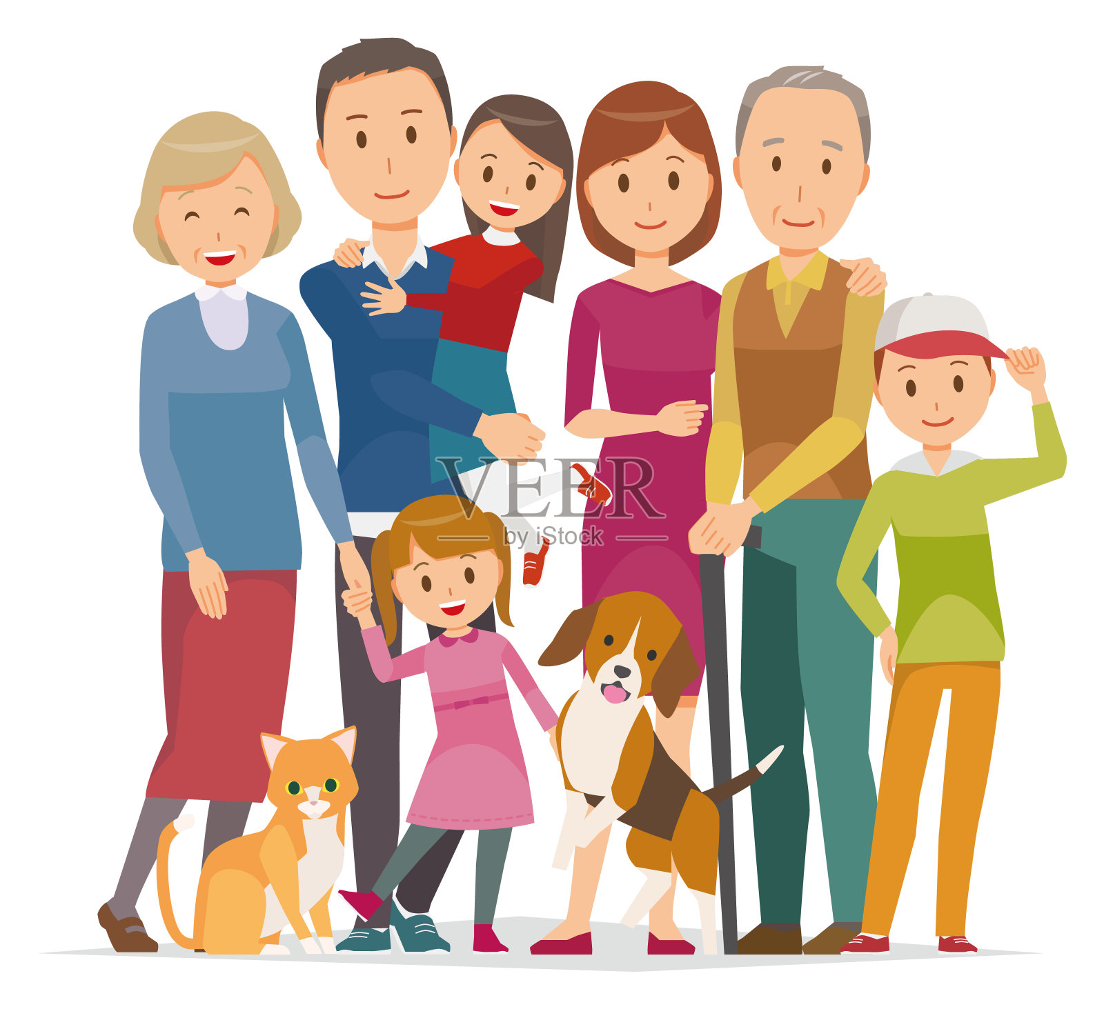 家庭插图- 7人三代和宠物在冬天插画图片素材