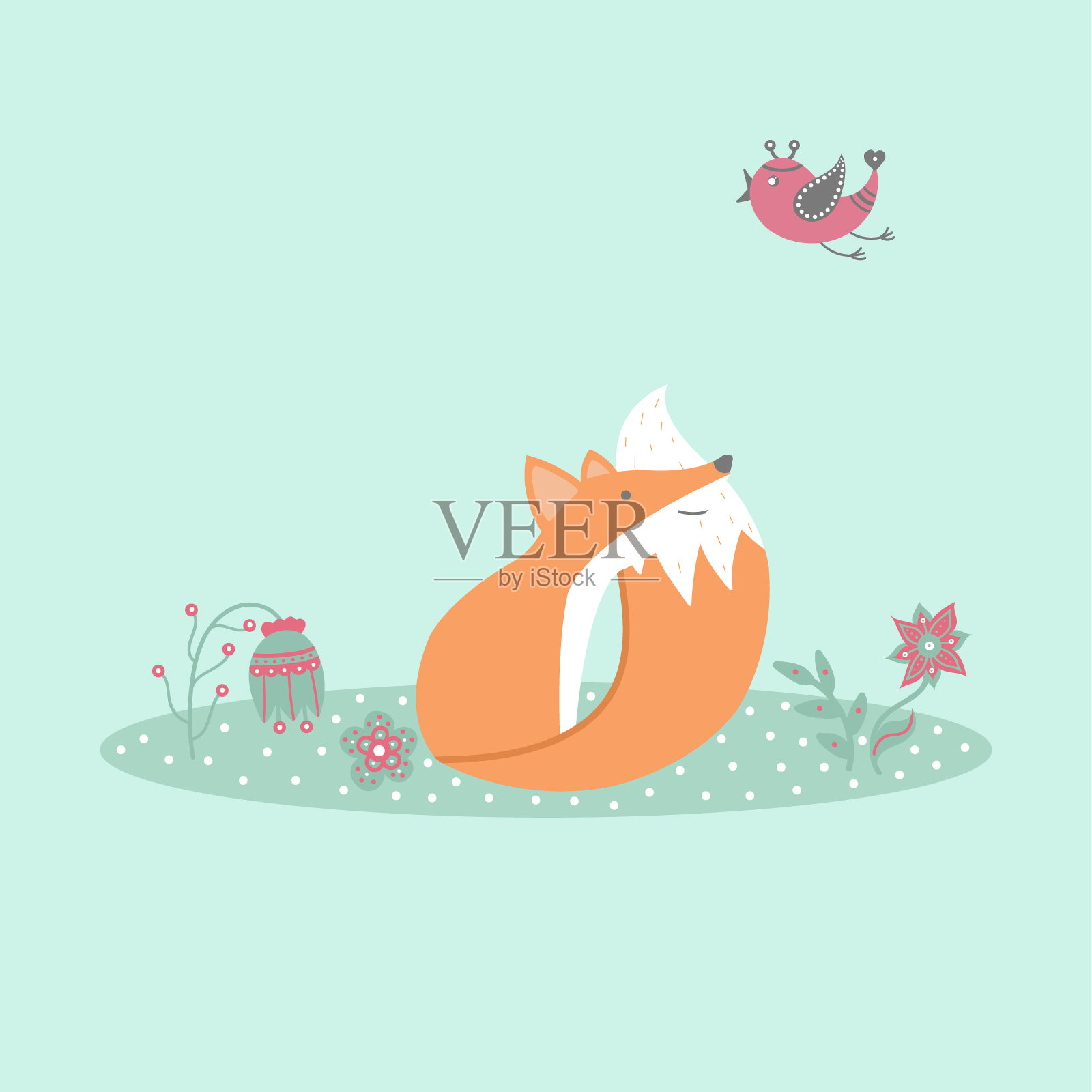 可爱的狐狸坐在草坪上，有卡通风格的鸟和花设计元素图片