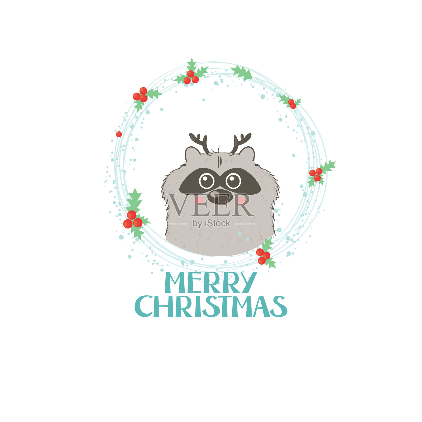 圣诞贺卡上有字母和一只小浣熊插画图片素材