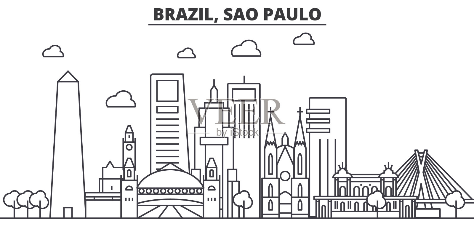 巴西，圣保罗建筑线天际线插图。线性向量的城市景观与著名的地标，城市景观，设计图标。风景与可编辑的笔触设计元素图片