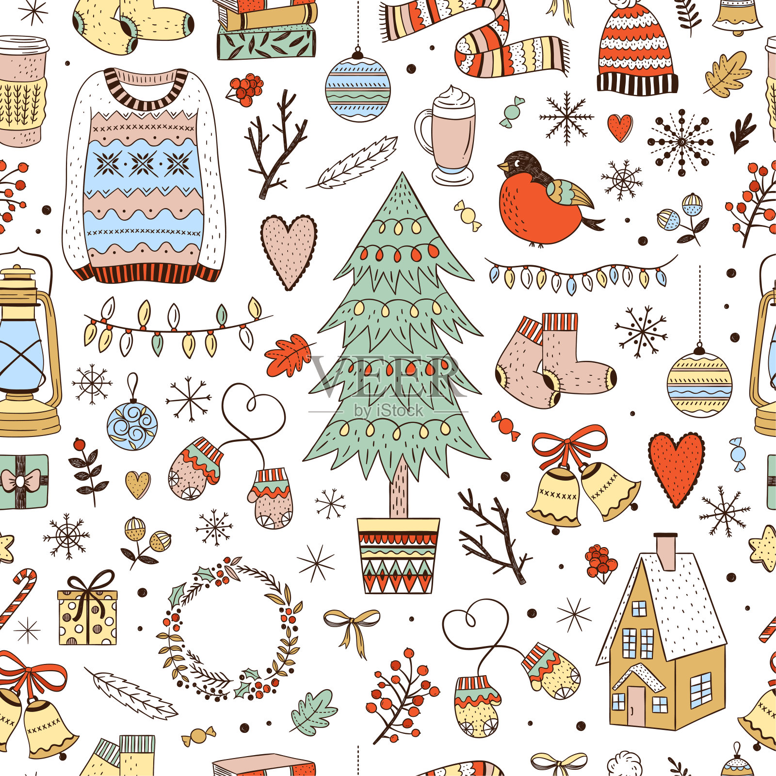 冬季圣诞无缝矢量图案。舒适的冬天和新年背景与可爱的插图插画图片素材