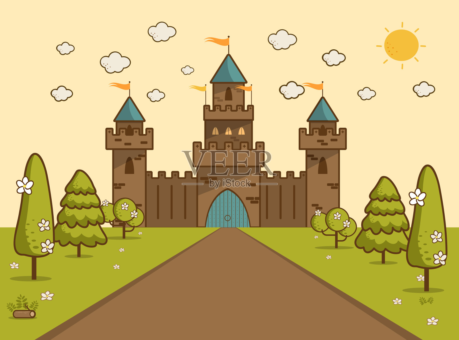 山景童话城堡的卡通插图。插画图片素材