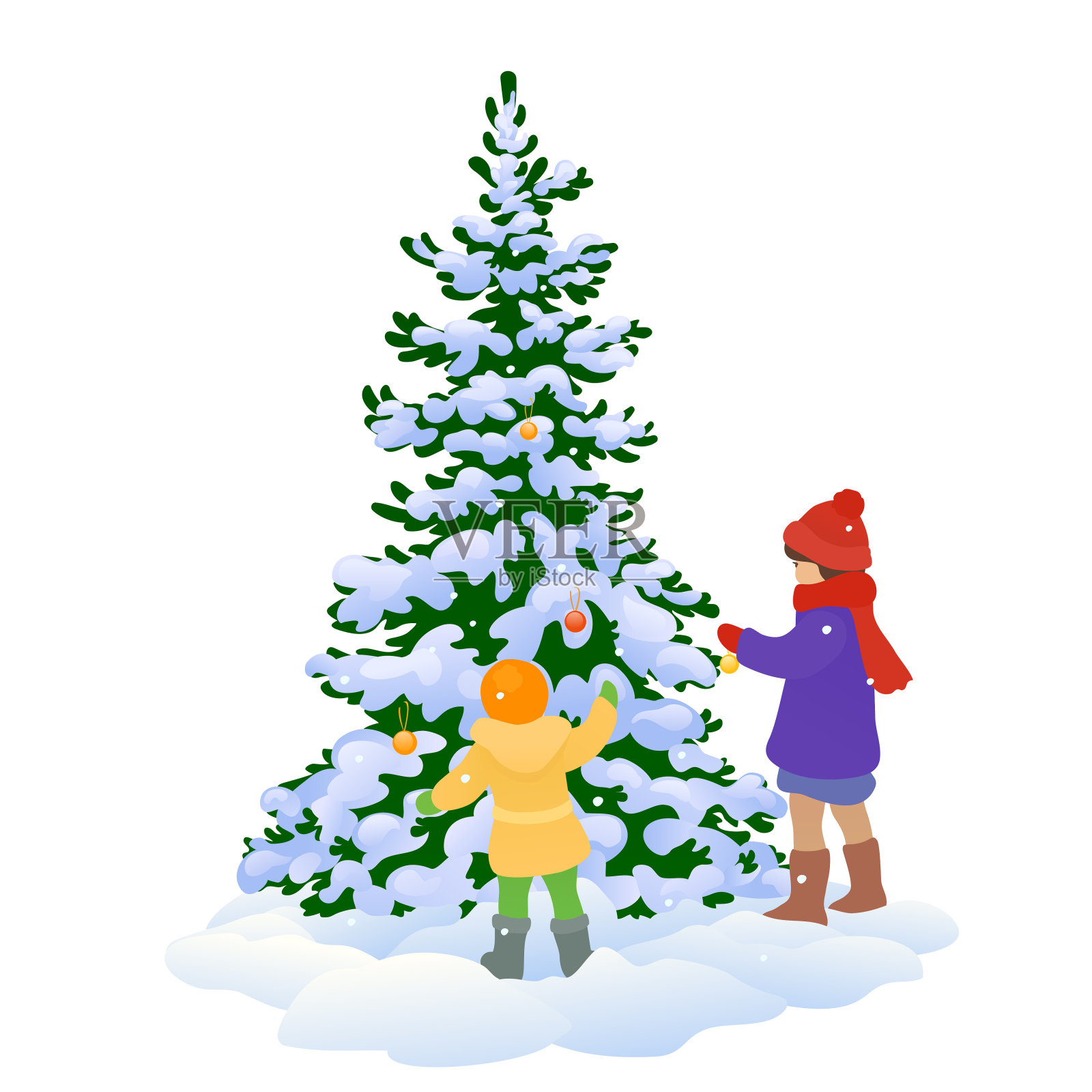 孩子和圣诞树插画图片素材