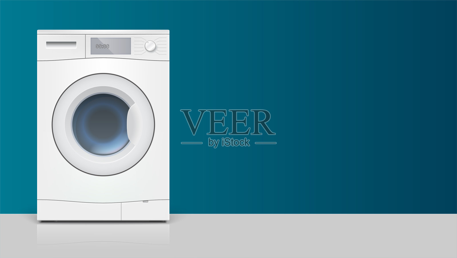 模板与洗衣机广告水平长背景。现实的白色洗衣机的图标，正面视图。3D插图与文字的地方插画图片素材