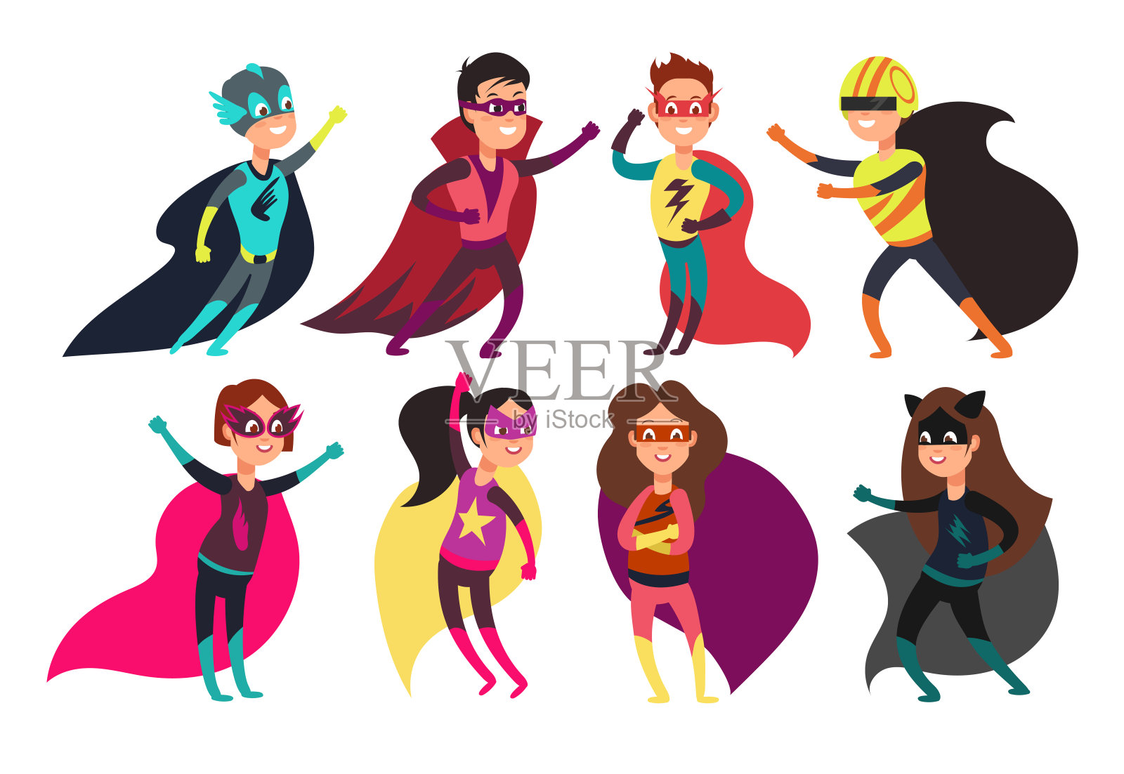 快乐的小朋友超级英雄穿着五颜六色的超级英雄服装。儿童卡通人物设计元素图片