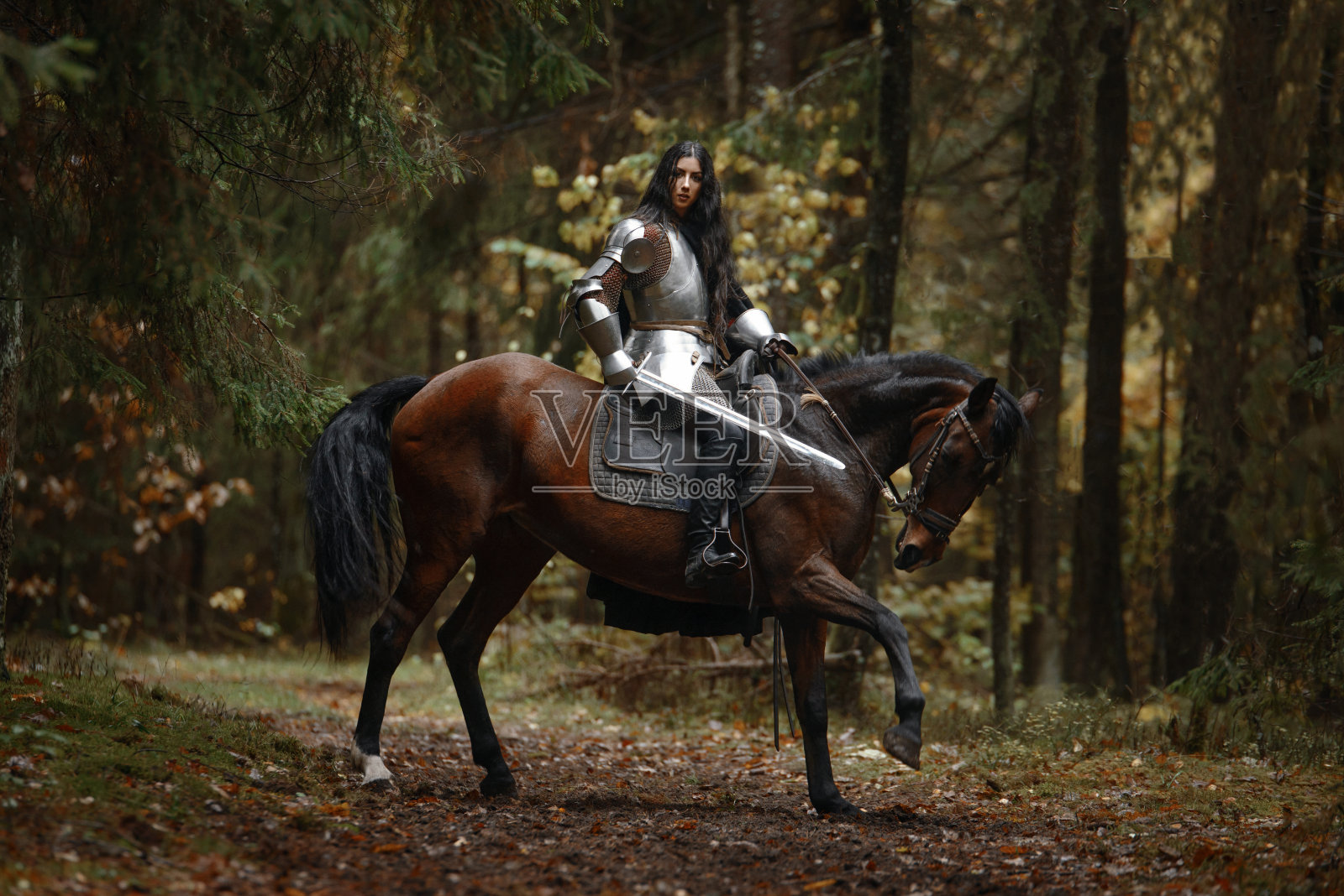 一个美丽的战士女孩带着剑，穿着链甲和盔甲骑在一匹马在一个神秘的森林。照片摄影图片