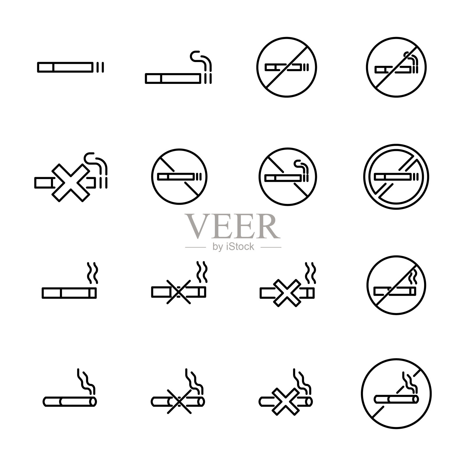 吸烟相关的线条图标的简单收集图标素材