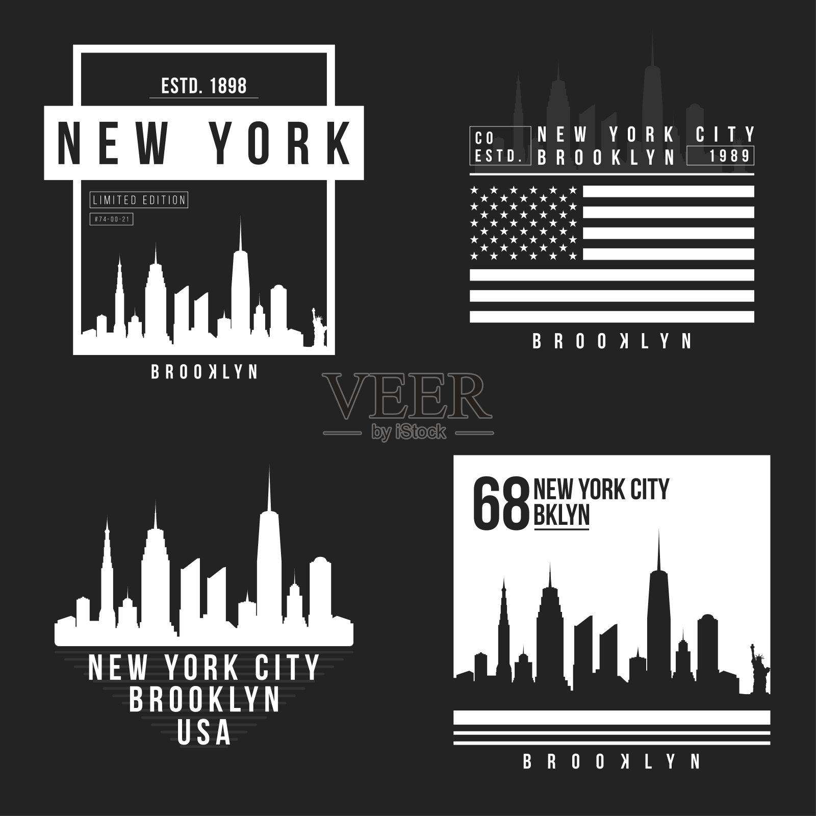 纽约，布鲁克林印刷t恤。纽约天际线t恤图形。t恤设计集合插画图片素材