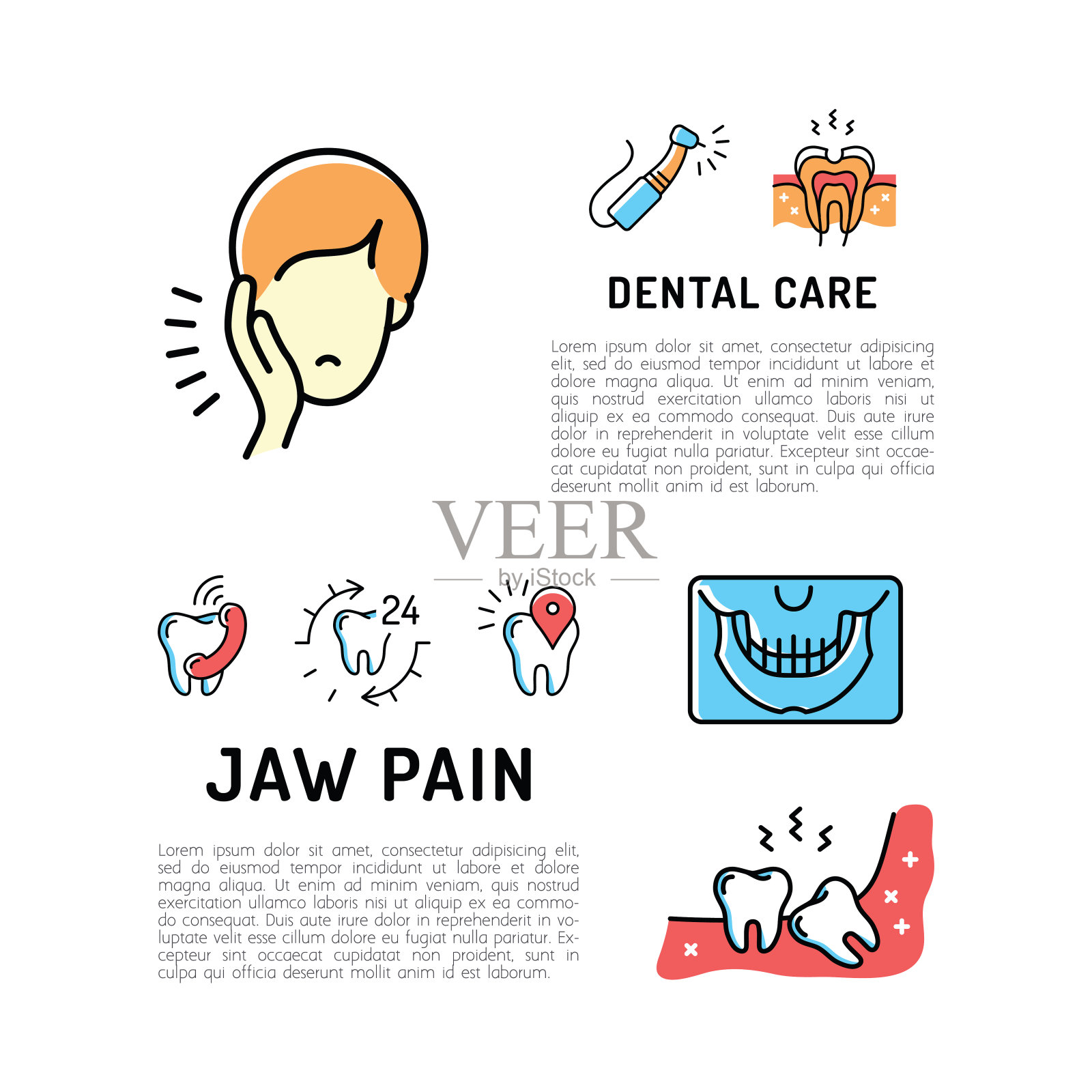 牙痛和下巴痛细线艺术图标，牙科保健卡。牙科卡，口腔医学传单插画图片素材