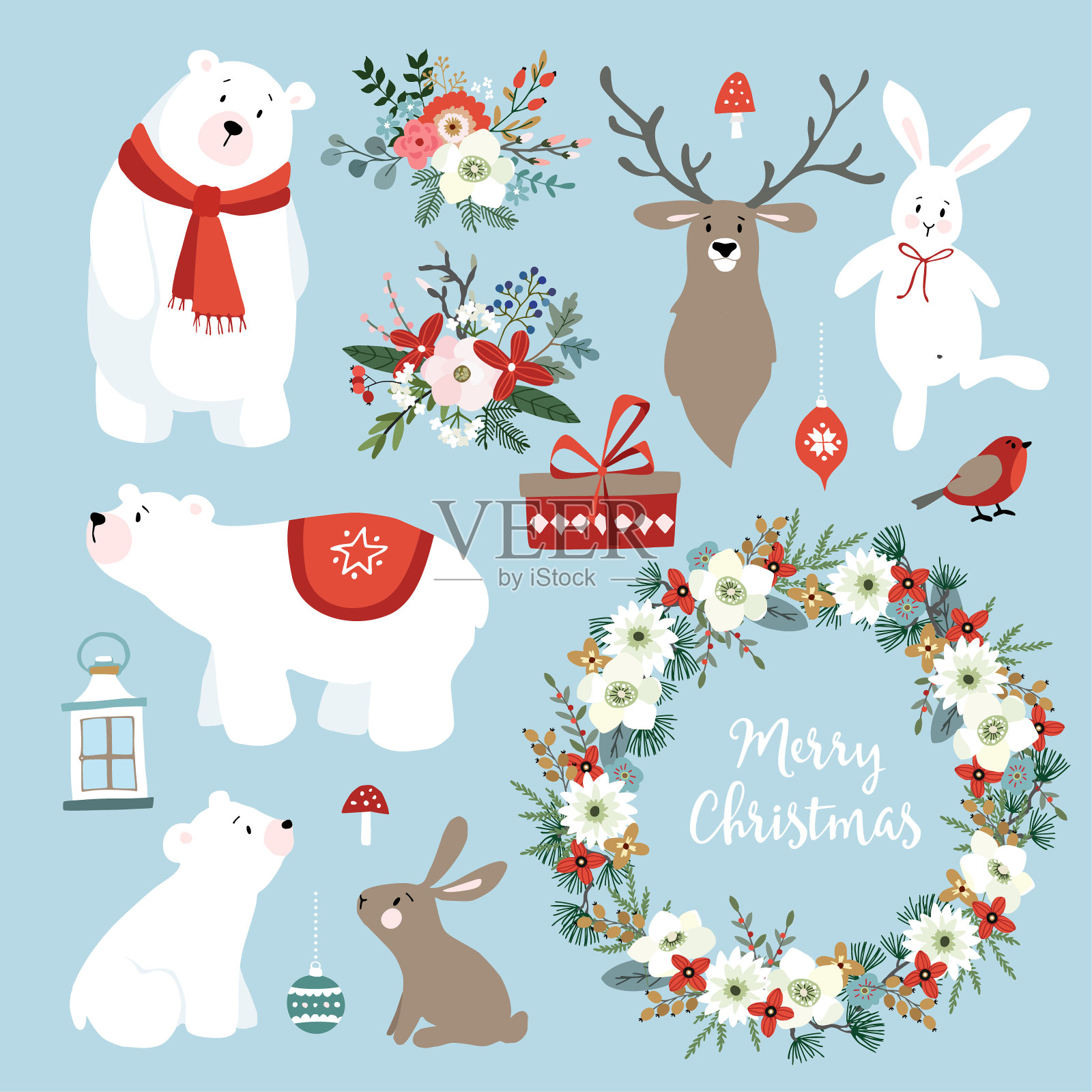 一套可爱的圣诞剪贴艺术与兔子，驯鹿，北极熊，冬天的花，圣诞花环和球。斯堪的纳维亚设计。孤立的手绘矢量对象设计模板素材